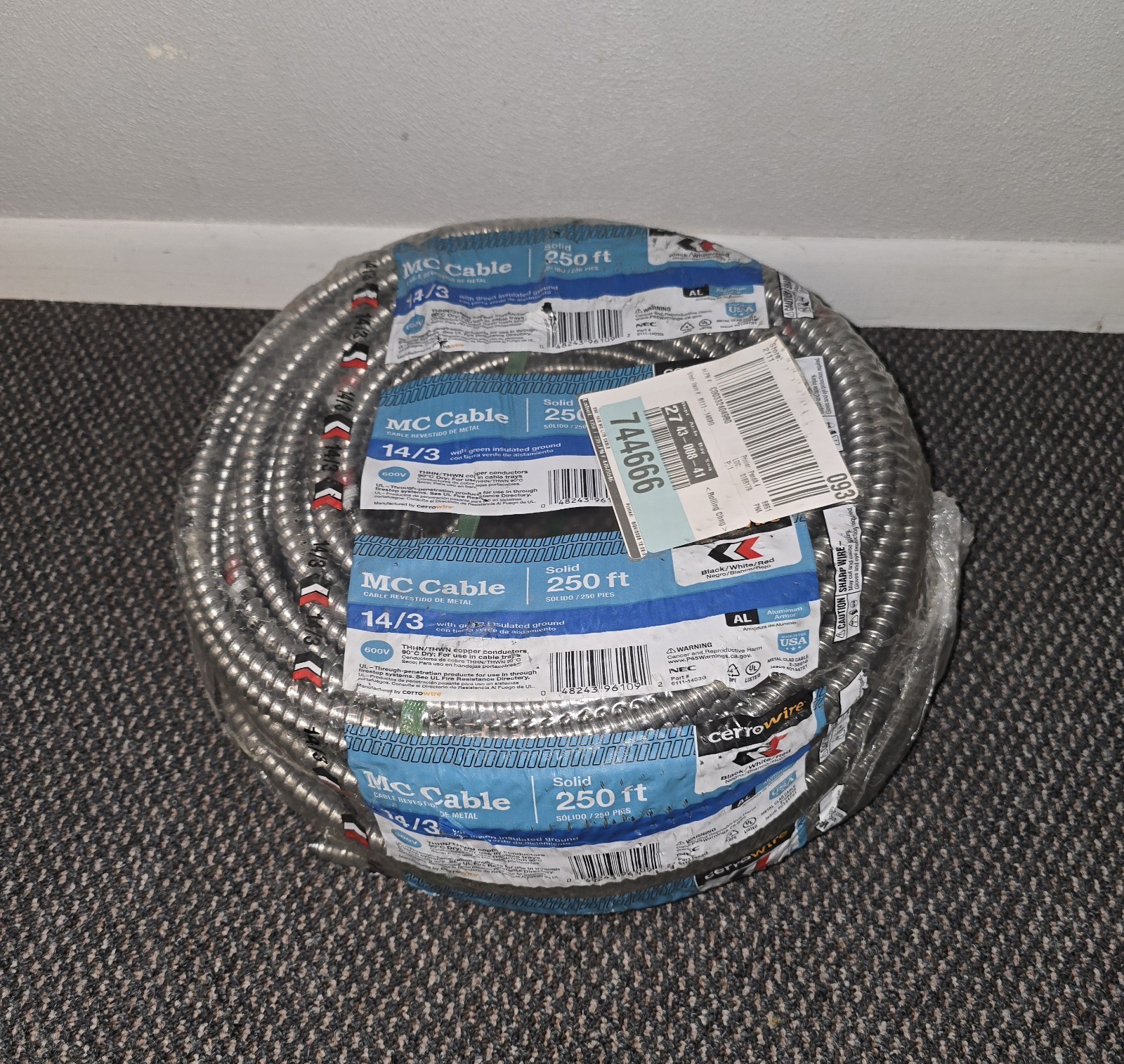 14/3 MC Cable solid 250 ft, green insulated ground, Aluminum Armor *MADE IN USA*