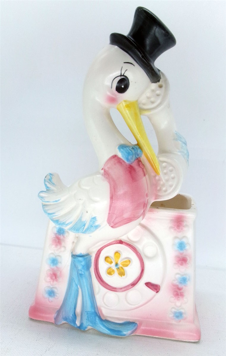 Vintage Relpo Stork on Phone Nursery Planter 6003 MCM Japan VGUC Vintage Relpo Stork on Phone Nursery Planter 6003 MCM Japan VGUC