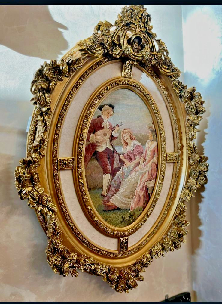 Vintage French Rococo Ornate Gold Frame Tapestry Oval Wall Hanging Art Decor