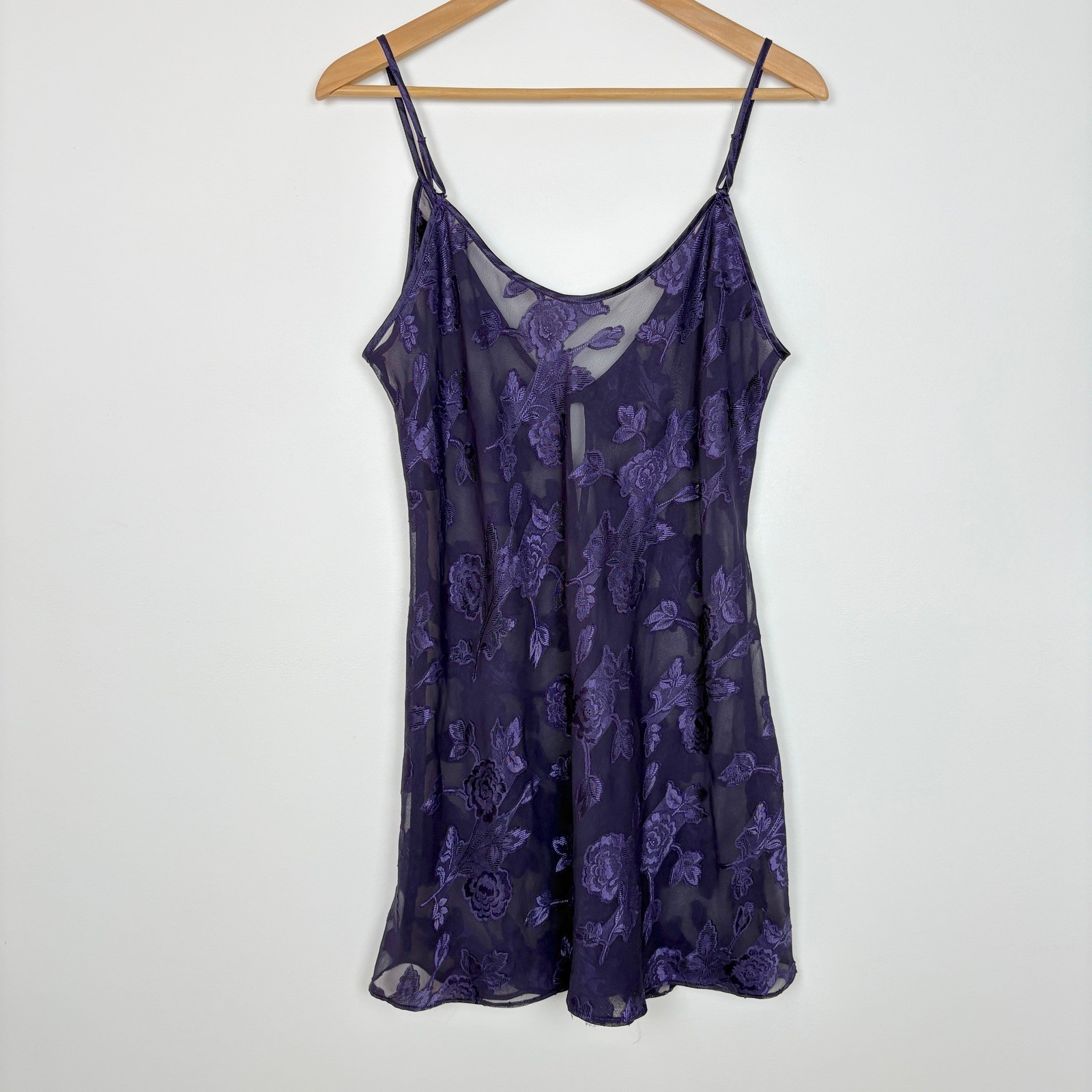 VTG Y2K Sheer Purple Burnout Floral Slip Dress M Fairy Grunge 90s Whimsigoth