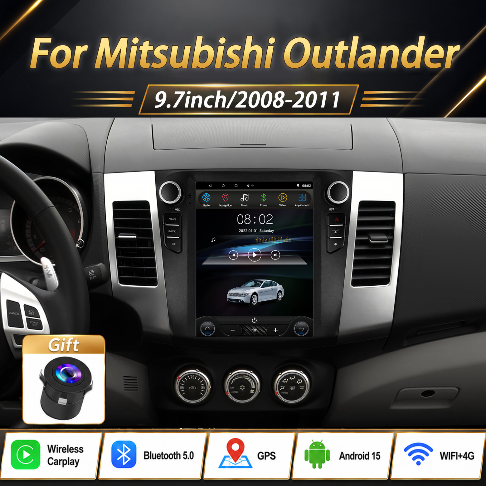 9.7'' CarPlay Android 13 Car Stereo Radio GPS 64G For Mitsubishi Outlander 08-11
