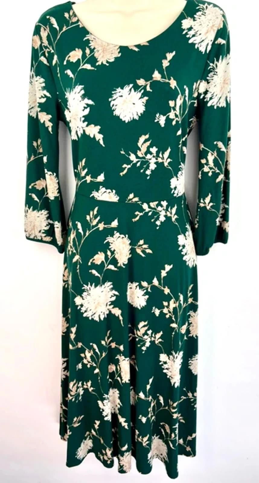 Laura Ashley Floral Midi Dress green Lined 3/4 Sleeve UK 10 D13