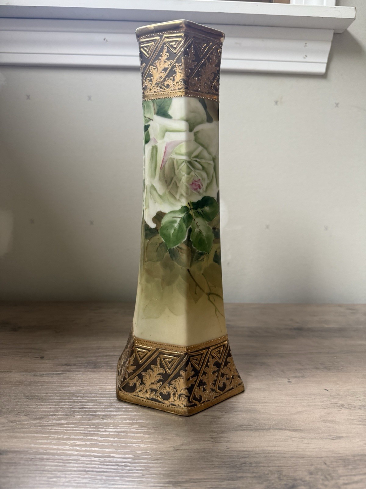Nippon Antique Hand Painted Porcelain Hexagon Vase Rose Floral Gold Trim Nippon Antique Hand Painted Porcelain Hexagon Vase Rose Floral Gold Trim