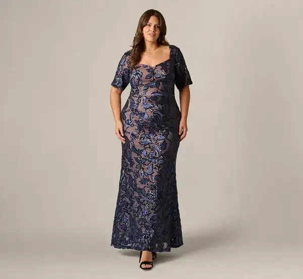 Papell Studio Navy Blue Rose Gold Sequin Embellished Mesh Gown Size 20W $219