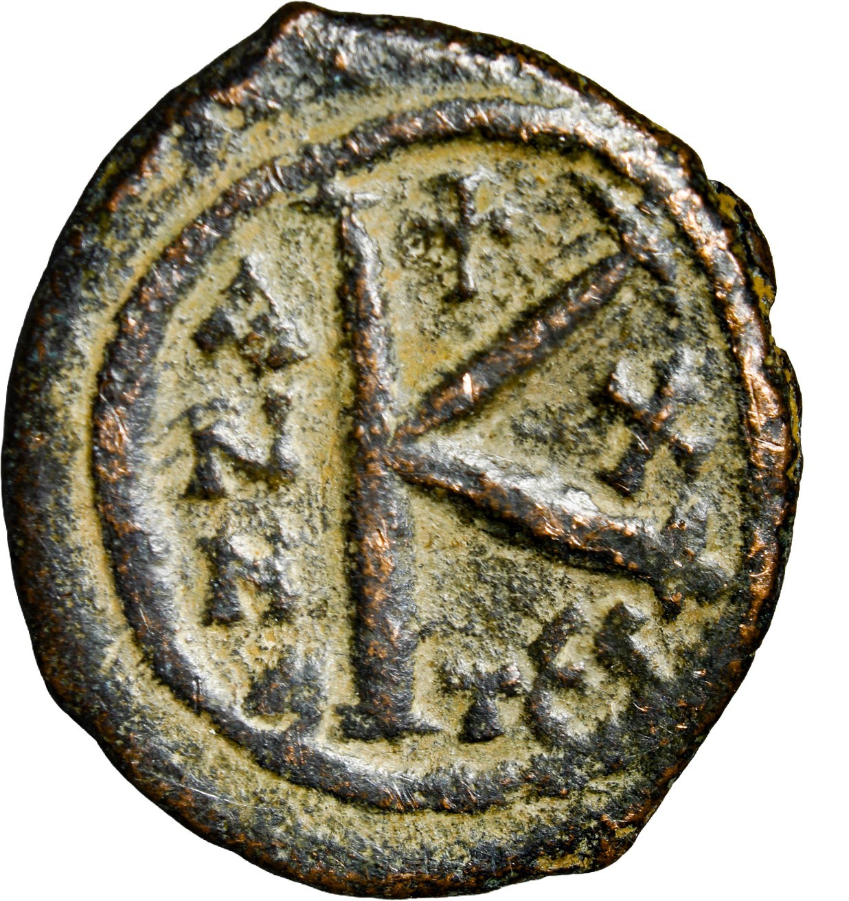 BYZANTINE Maurice Tiberius AE Half Follis Thessalonica 591 AD Sear 509 Coin