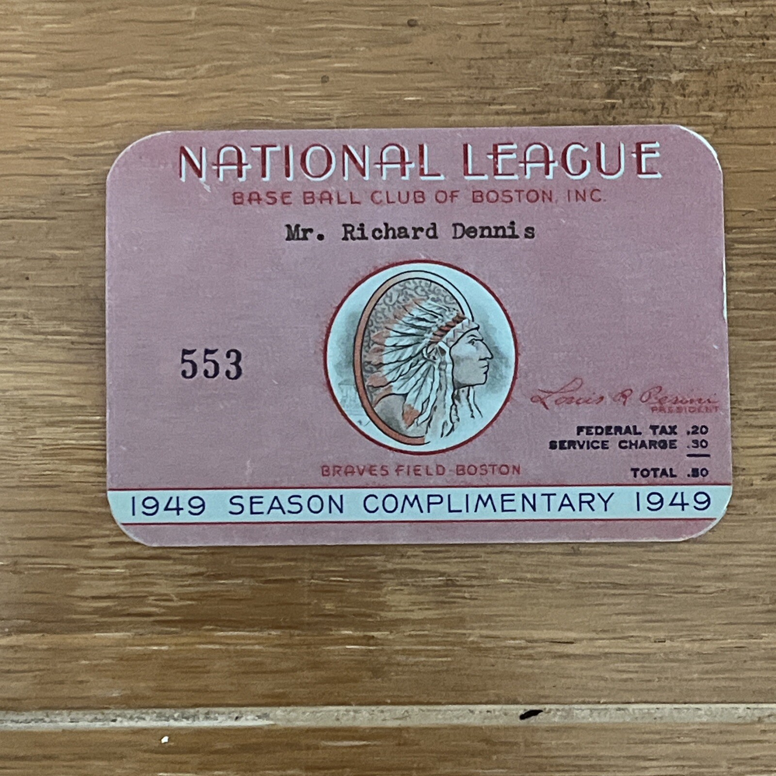 1949 Boston Braves Season Pass Ticket, Boston Mayor James Michael Curley Stepson 1949 Boston Braves Season Pass Ticket, Boston Mayor James Michael Curley Stepson