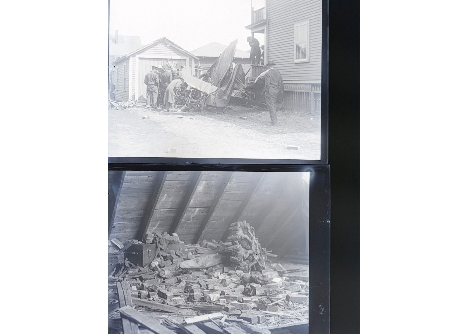 1928 US Navy Biplane House Crash Quincy MA Wreck Rubble Glass Negatives (2) OOAK