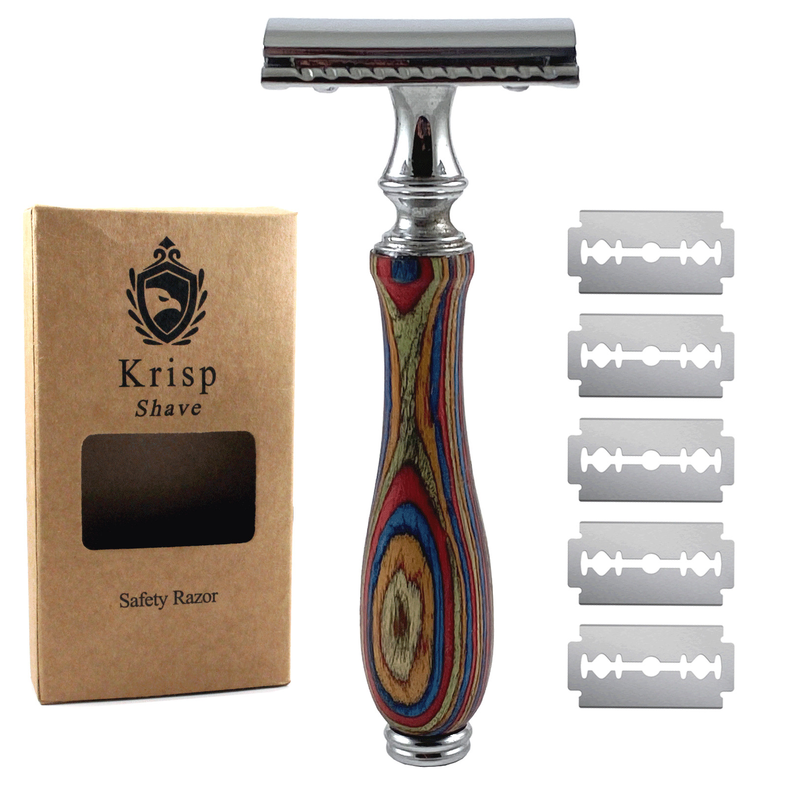 NEW ELEGANT WOODEN HANDLE DOUBLE EDGE SAFETY RAZOR WET SHAVE + 5 SHAVING BLADES