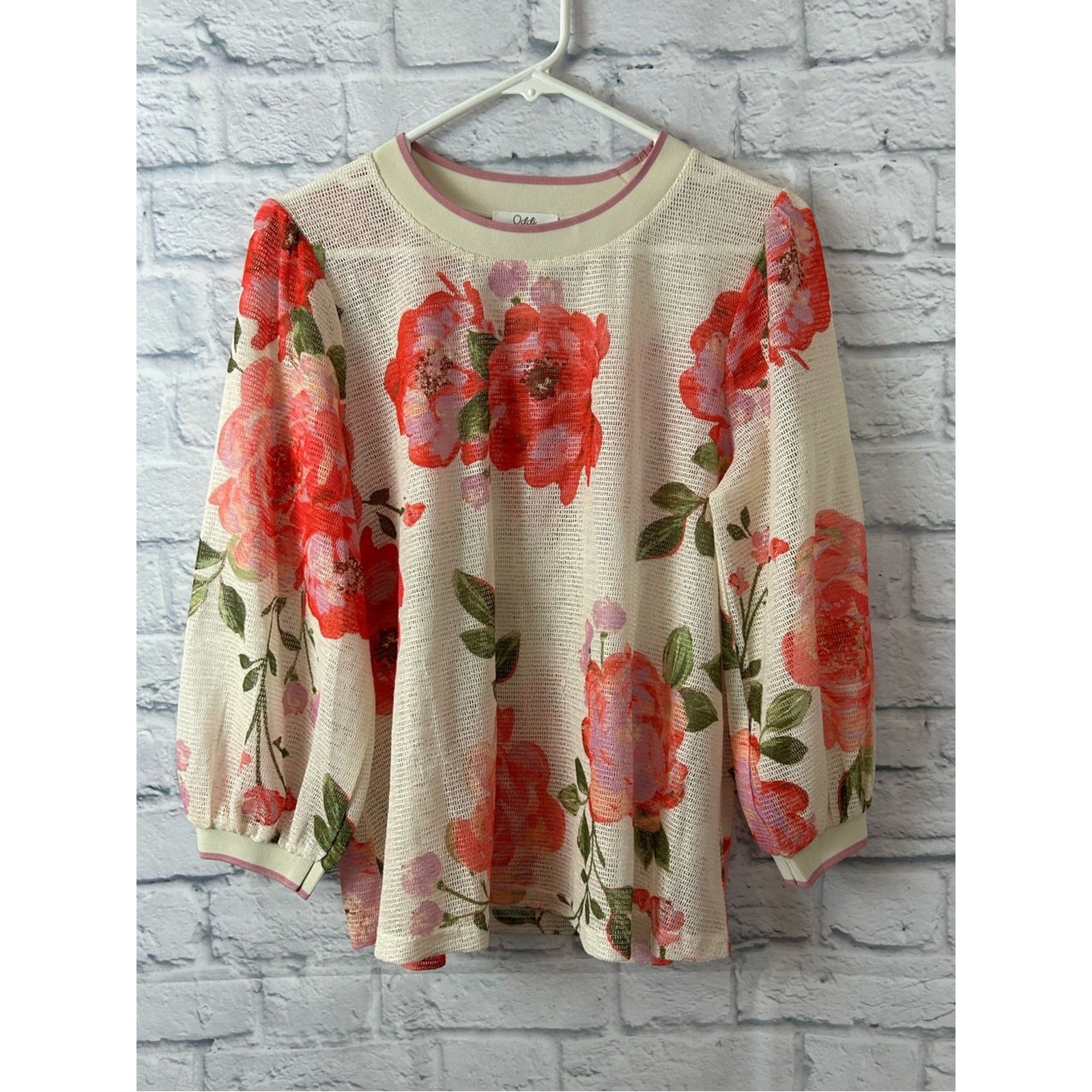 Oddi Los Angeles M Floral Mesh Top Tencel Sheer Rose Print Balloon Sleeve