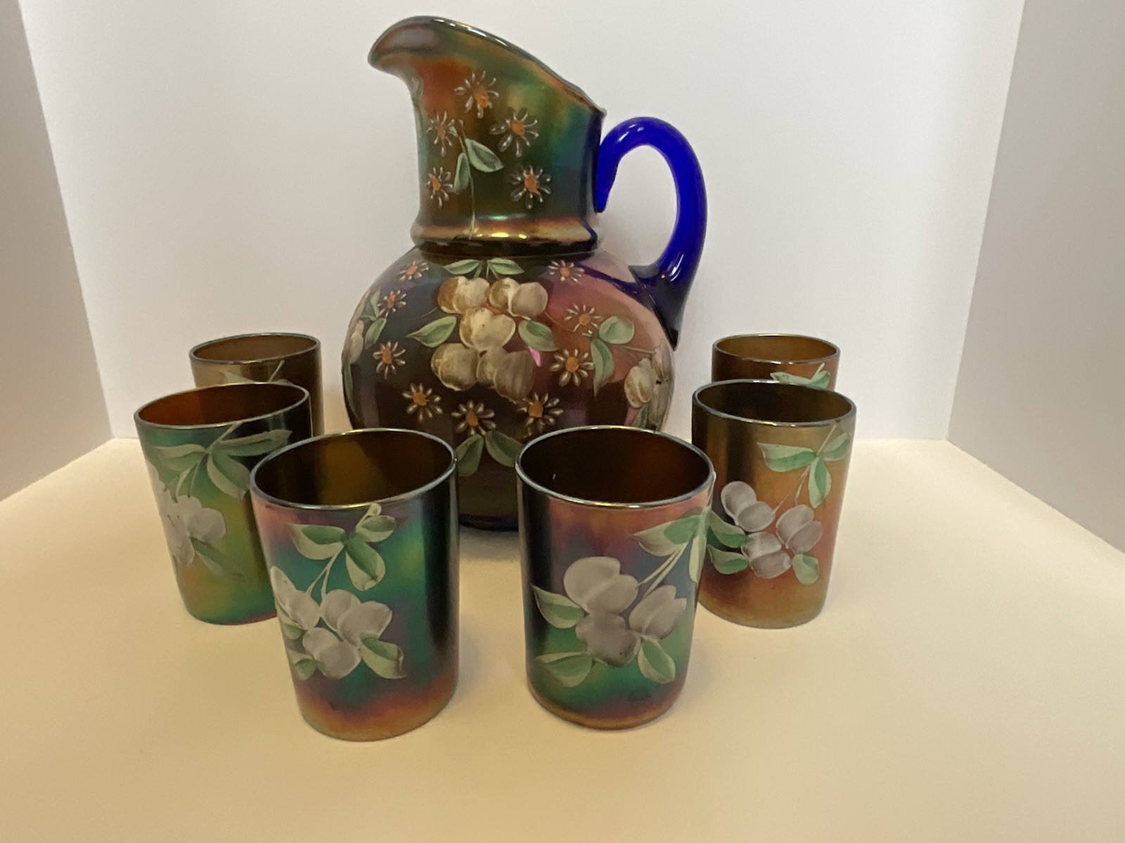 Rare Vintage Northwood Amethyst Hand Painted “Cherries” Pitcher & Tumbler Set