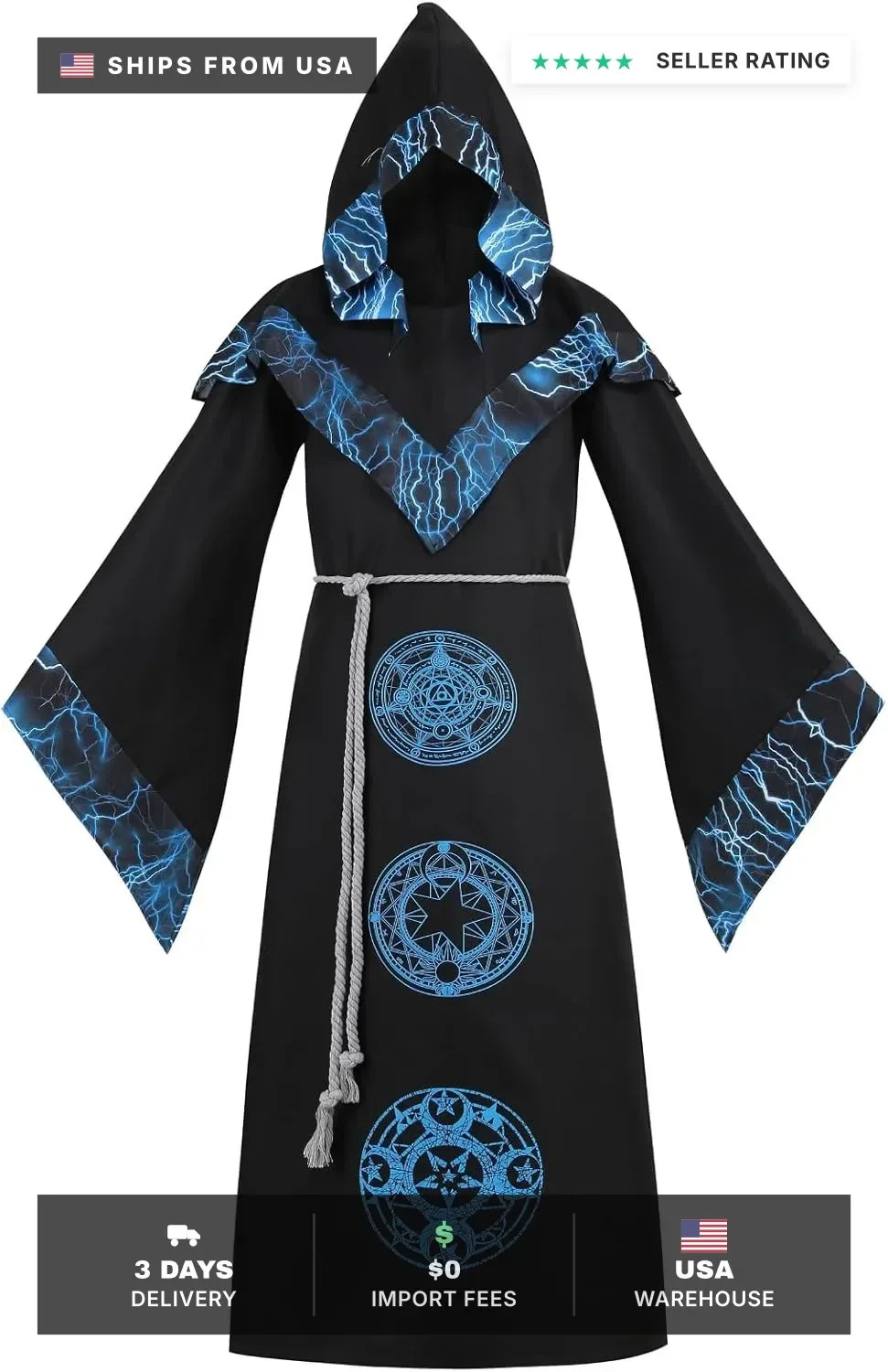Colorful House Mens Dark Wizard Costume Mystic Sorcerer Robe Hallowee Medieval D