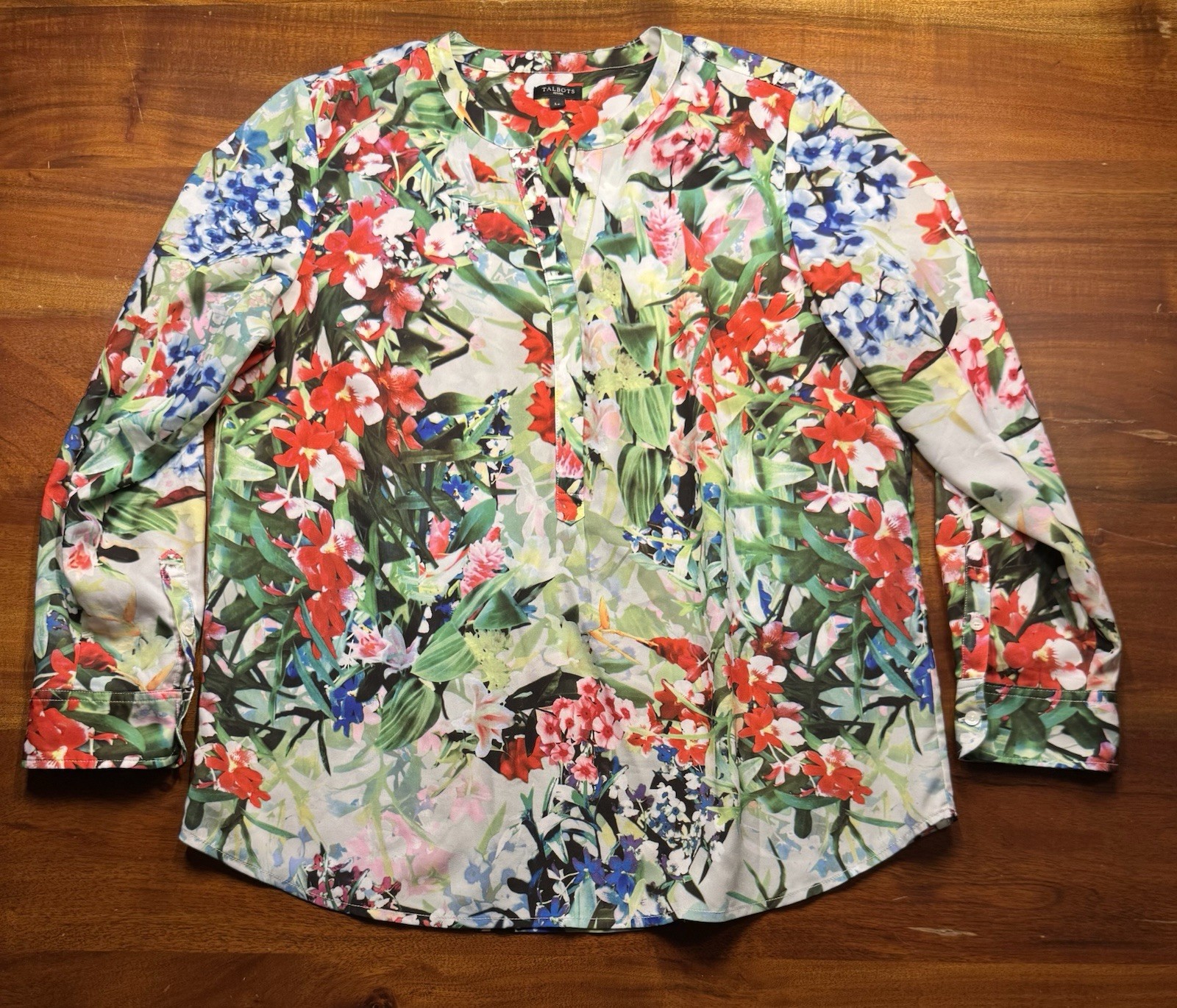 TALBOTS Petites L Top Blouse Petite Large Lp Floral Long Sleeve Popover V-Neck