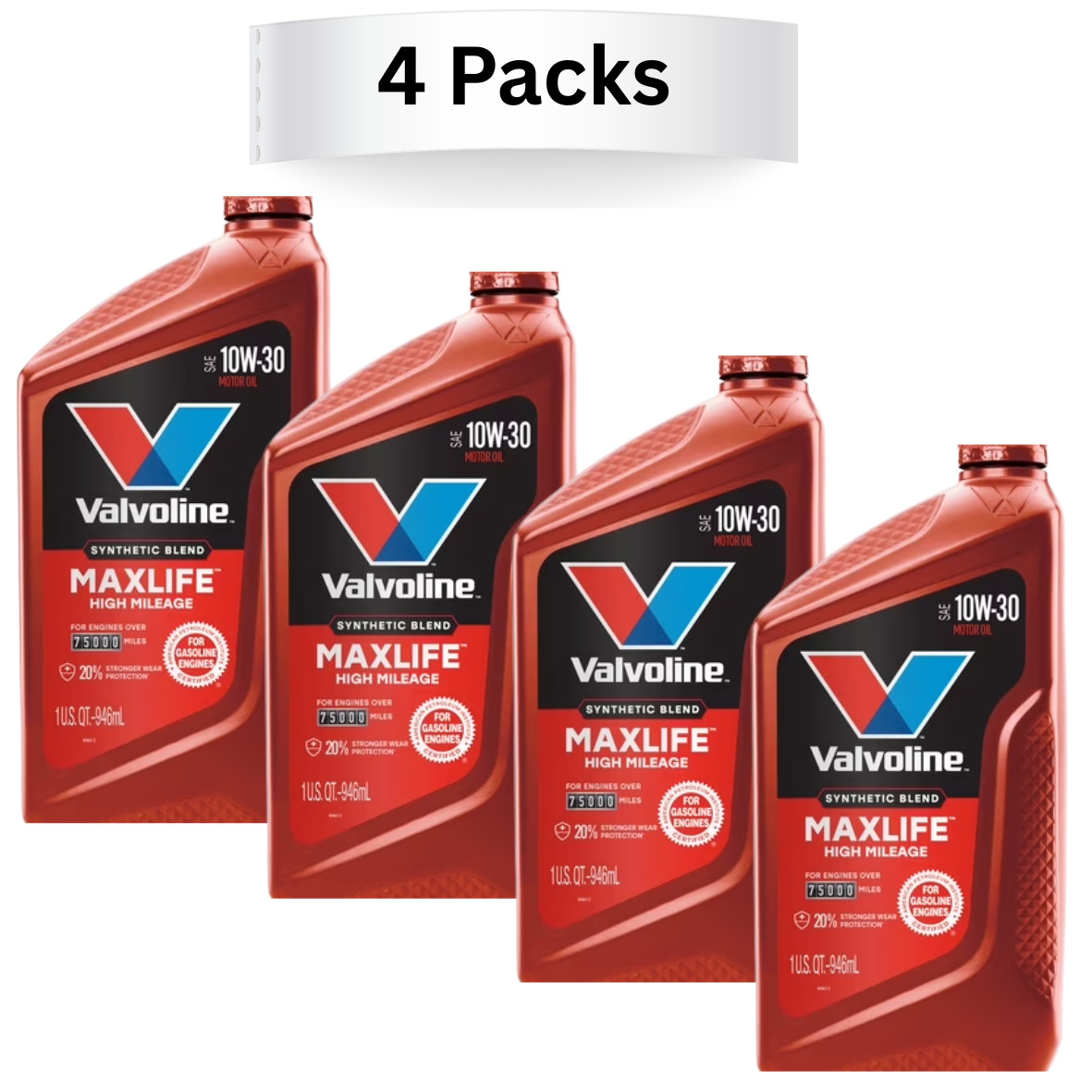 Valvoline MaxLife High Mileage 10W-30 Synthetic Blend Motor Oil 1 Quart - 4 Pack