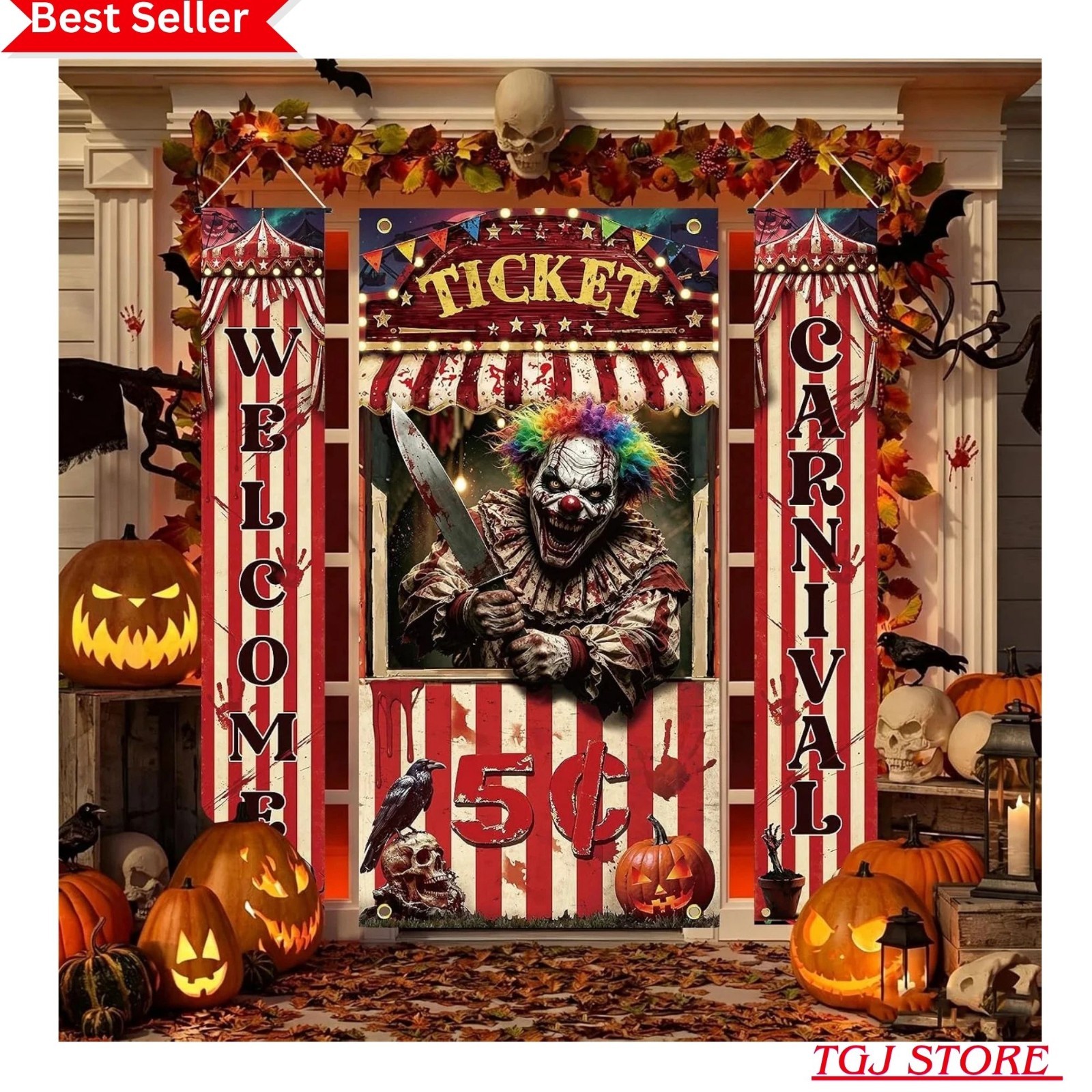 3 Pcs Halloween Carnival Door Cover Set Circus Clown Ticket Party Decorations