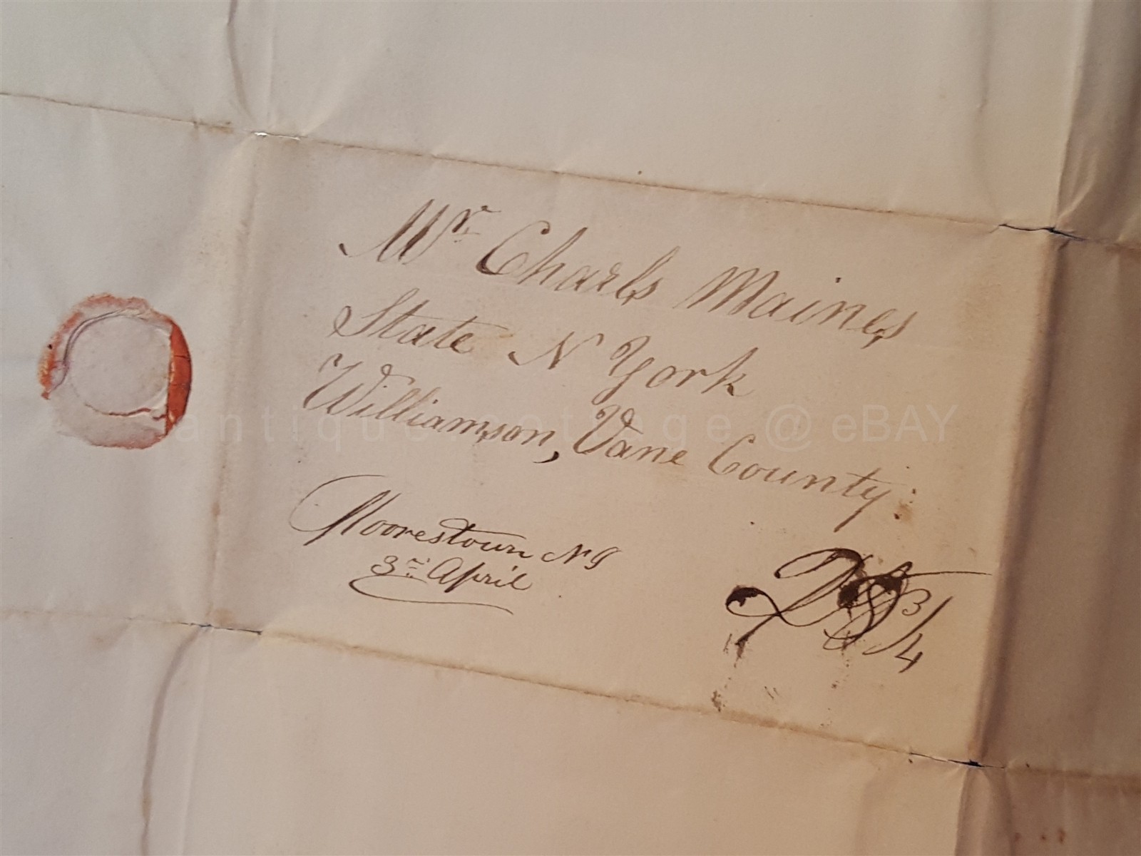1837 antique STAMPLESS COVER LETTER moorestown nj ANDREW to CHARIES MAINES