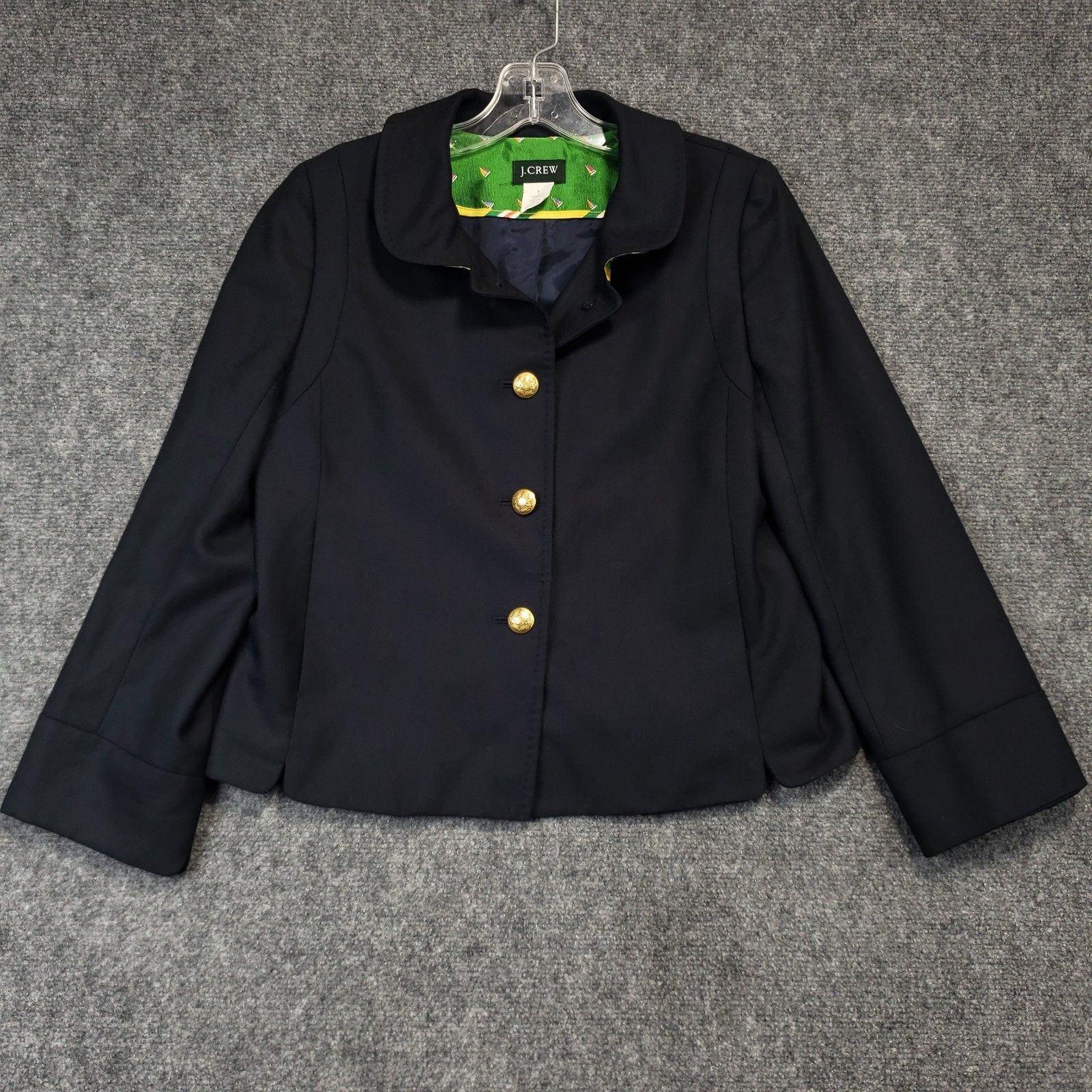 J Crew Blazer Women 4 100% wool Navy Blue Gold Logo Buttons Long Sleeve Ventless J Crew Blazer Women 4 100% wool Navy Blue Gold Logo Buttons Long Sleeve Ventless