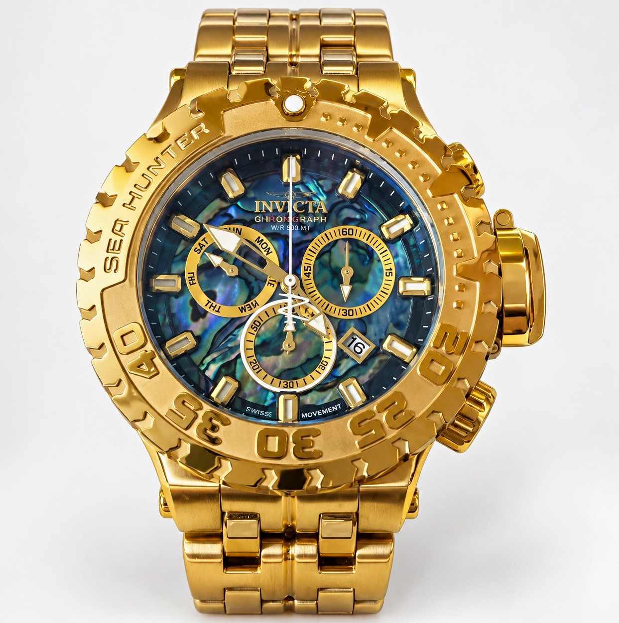 Invicta Reserve Sea Hunter Chronograph Quartz 500m Gold Tone Blue/Green Invicta Reserve Sea Hunter Chronograph Quartz 500m Gold Tone Blue/Green
