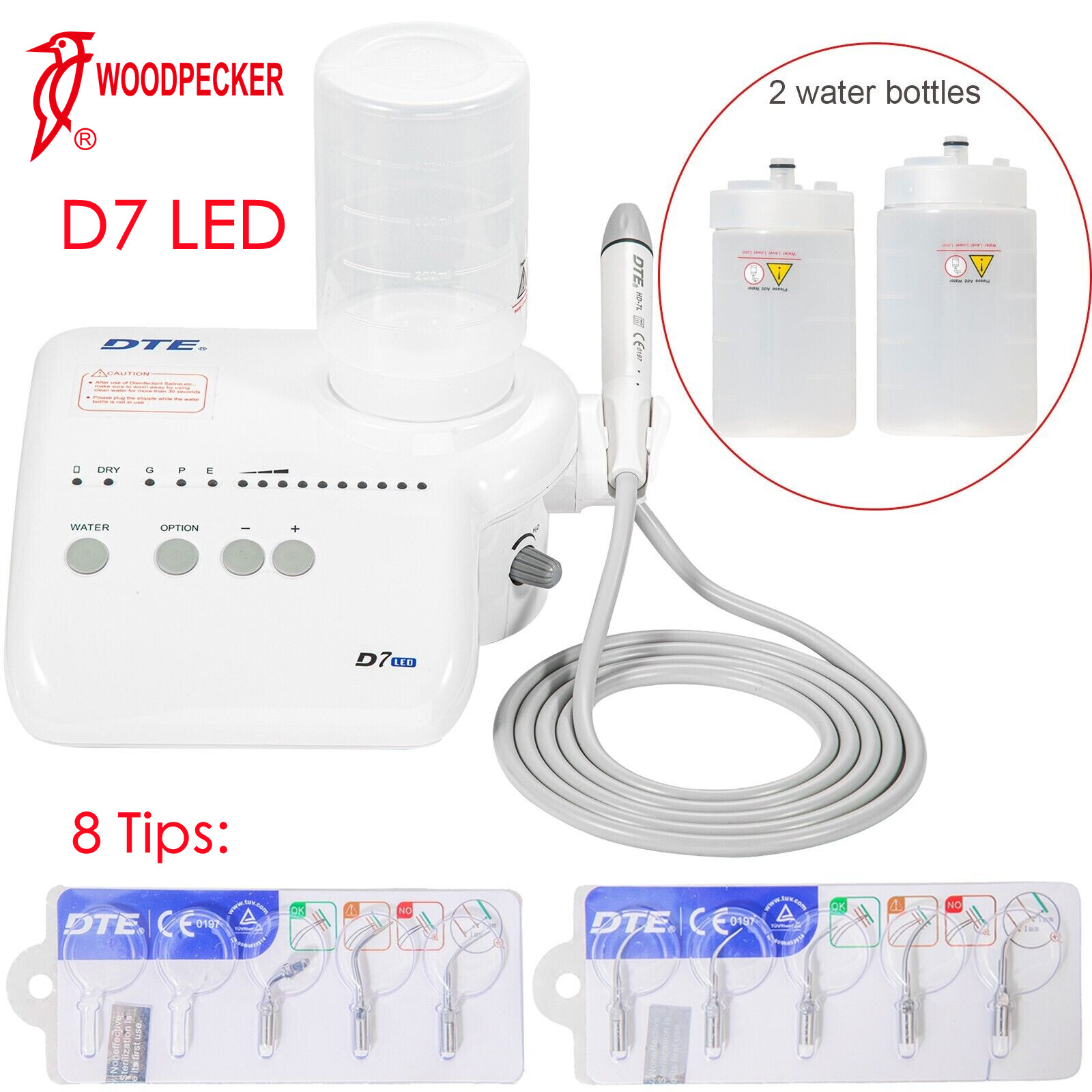 Woodpecker DTE D7 LED Dental Ultrasonic Piezo Scaler HD-7L LED Handpiece 8 Tips