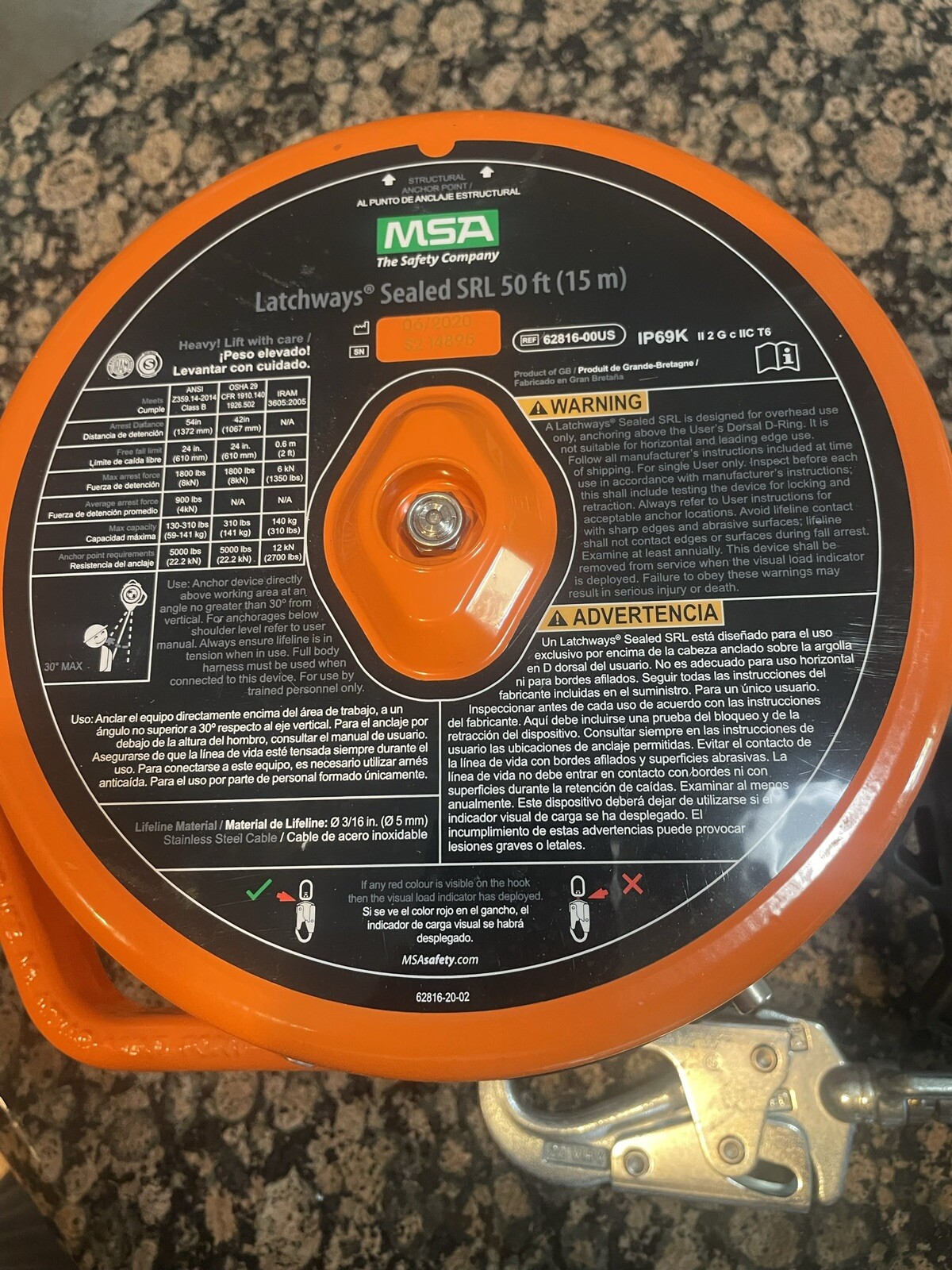 MSA 62816-00US Latchways Sealed SRL 50FT Self Retracting Lifeline Stainless