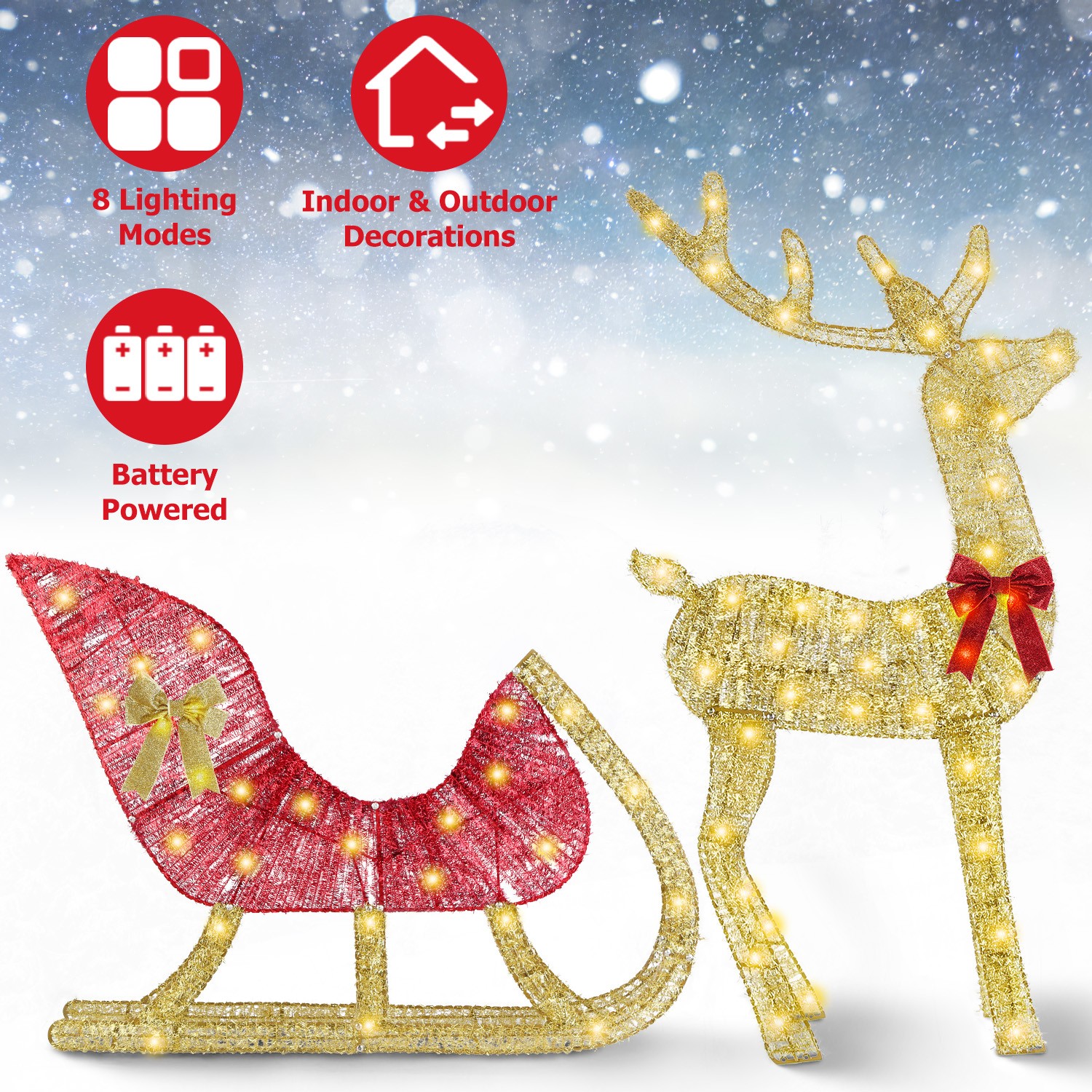 Lighted Christmas Reindeer & Sleigh Indoor Outdoor Display 8 Lighting Modes