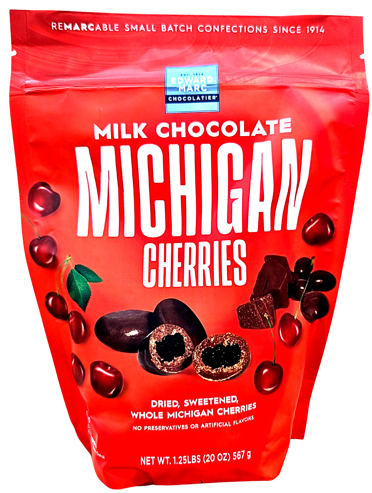 Edward Marc Milk Chocolate Michigan Cherries 20 Ounce Bag EXP 06/2027 Edward Marc Milk Chocolate Michigan Cherries 20 Ounce Bag EXP 06/2027