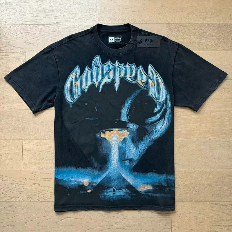 Mens Godspeed Skeleton Alien UFO print Cotton Short sleeved T-shirt Mens Godspeed Skeleton Alien UFO print Cotton Short sleeved T-shirt