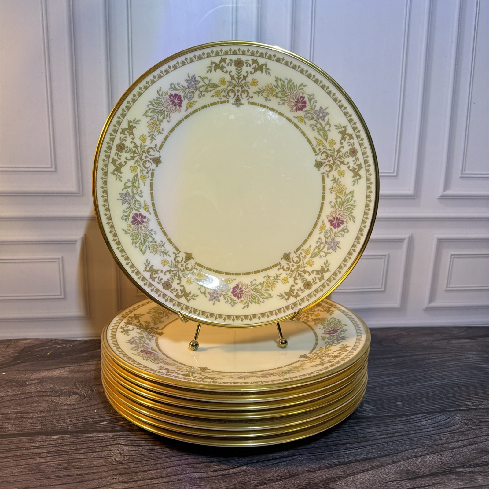 Lot of 8 Lenox Castle Garden Dinner Plates Ivory Floral Gold VTG - EXCELLENT