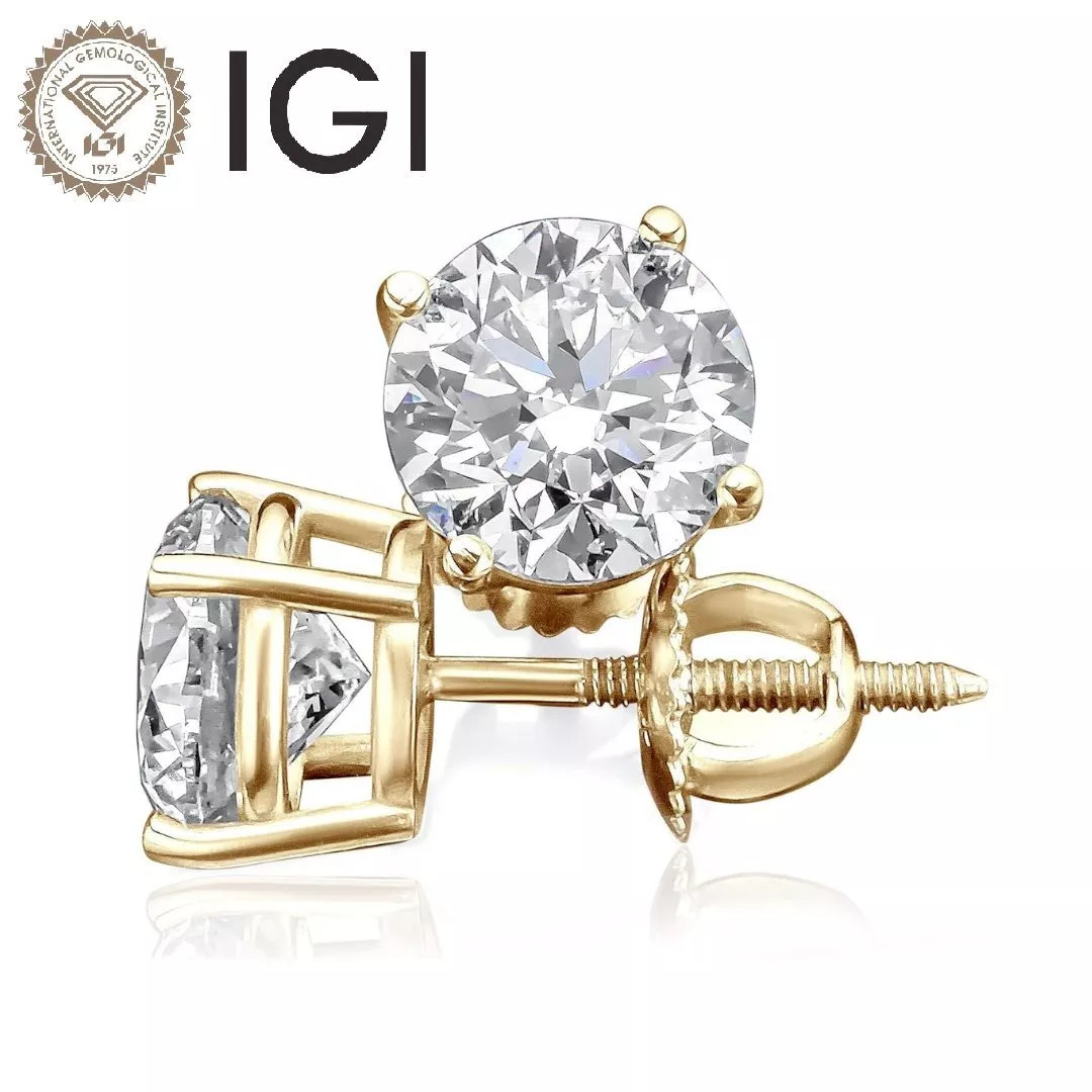 IGI CERTIFIED 2 Ct Real Lab Grown Diamond Studs Earrings 14k Yellow Gold E VVS2