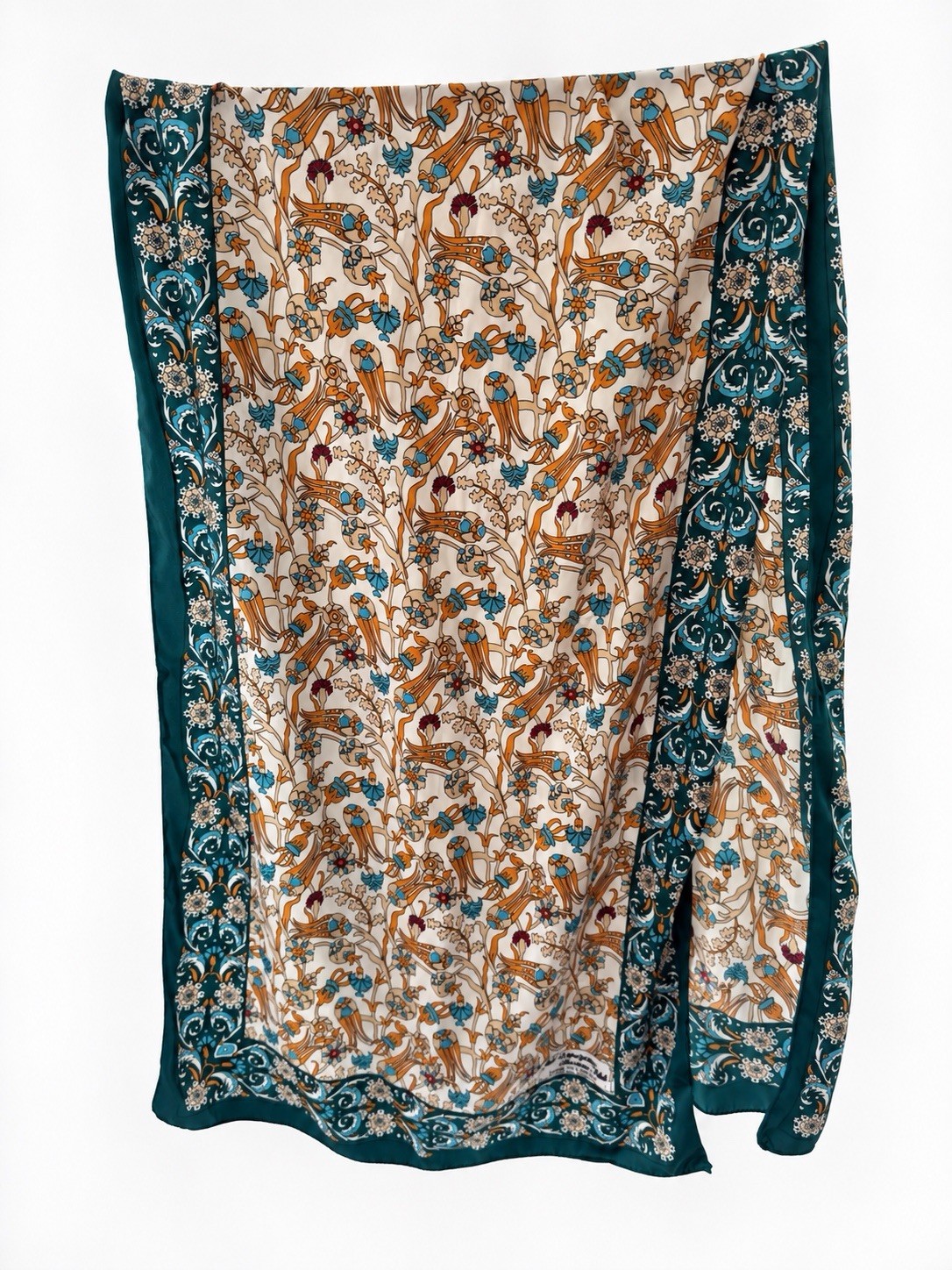 Şal Dünyası Bursa Şalı Silk Scarf Boho Turkish Floral Teal Gold 70 x 21 Artisian