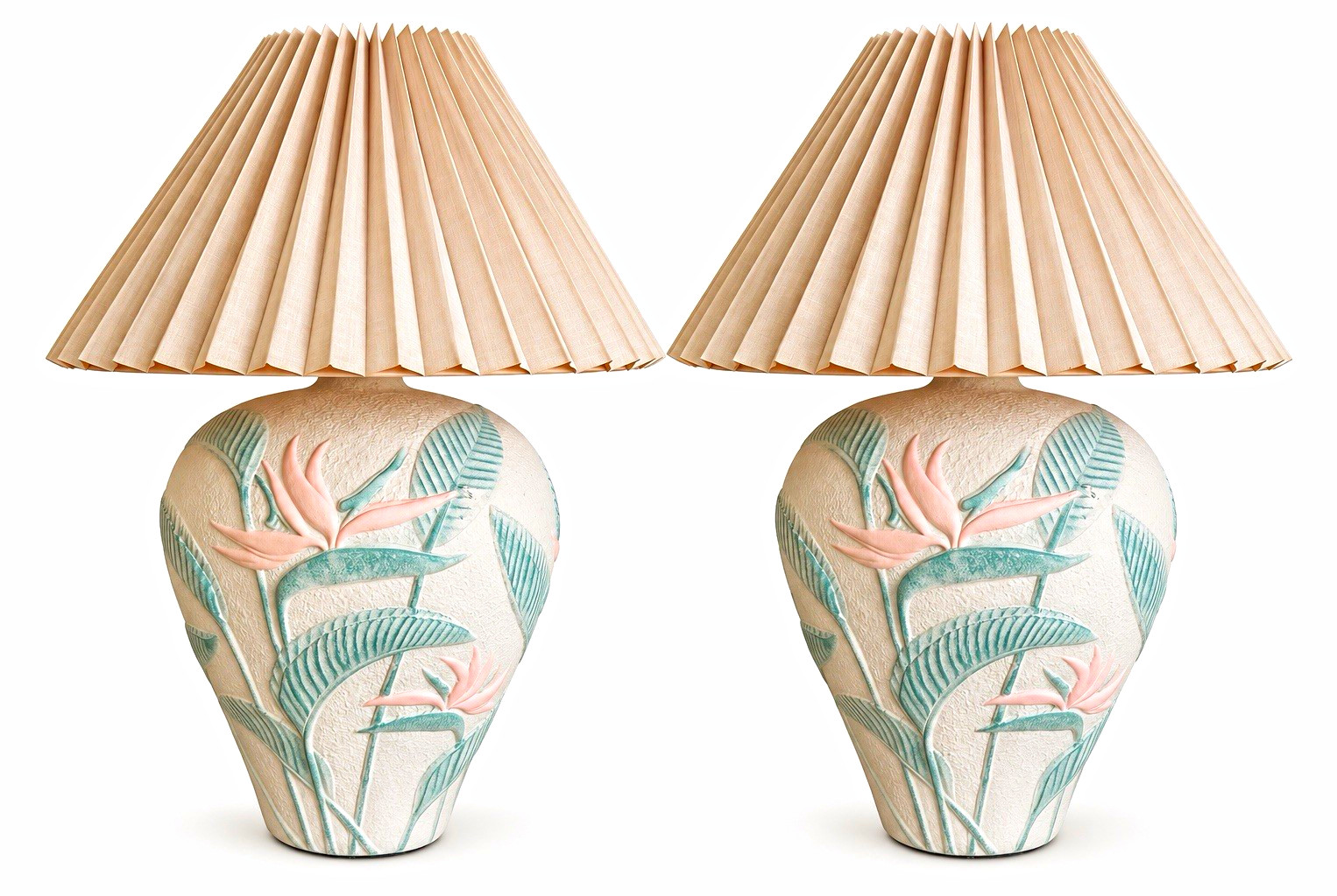 Pair-Circa 1980’s Sculptural Plaster Bird of Paradise Table Lamps Pleated Shades