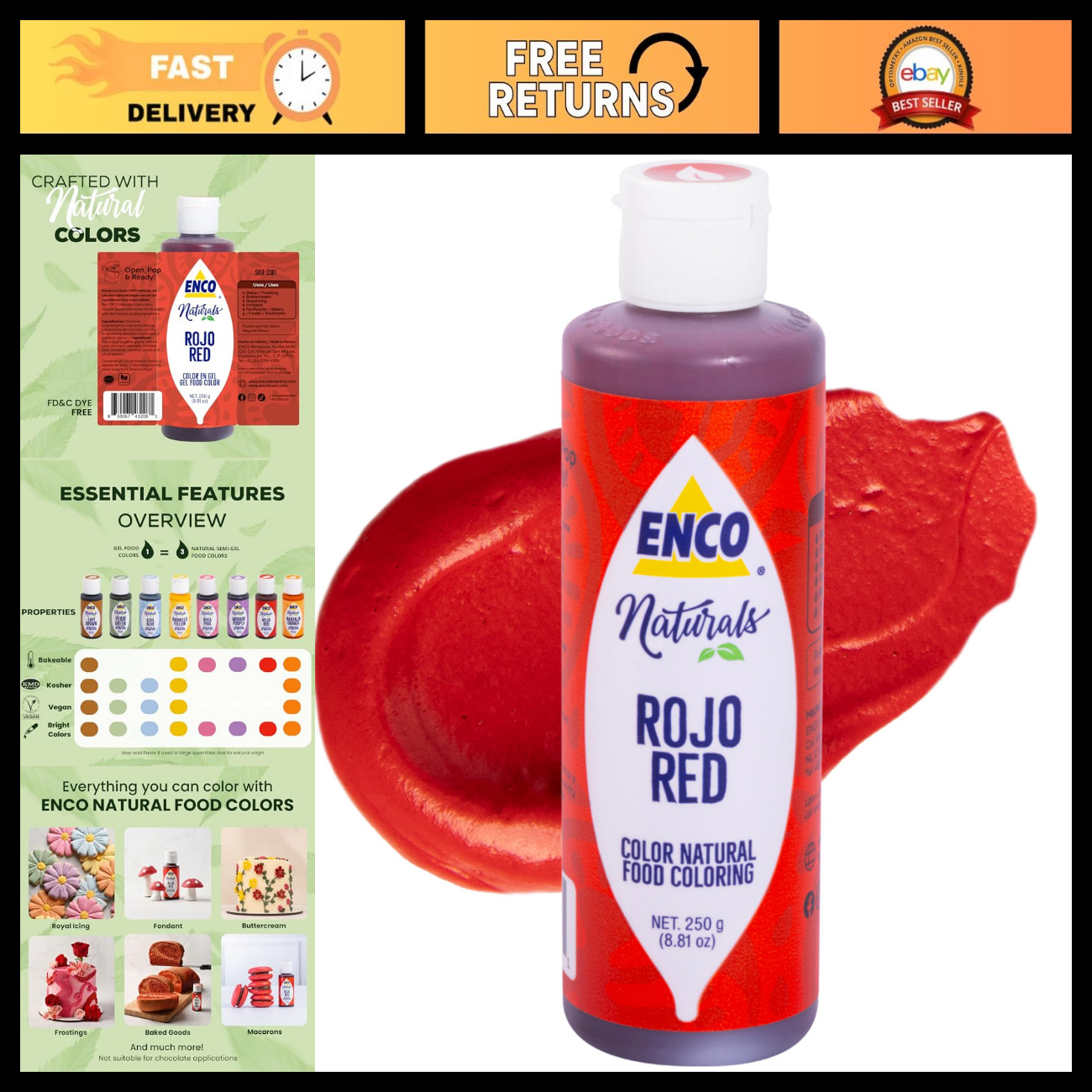 Natural Food Coloring Gel Red - 8.8 oz, No Artificial Dyes, Vibrant Icing & Fond
