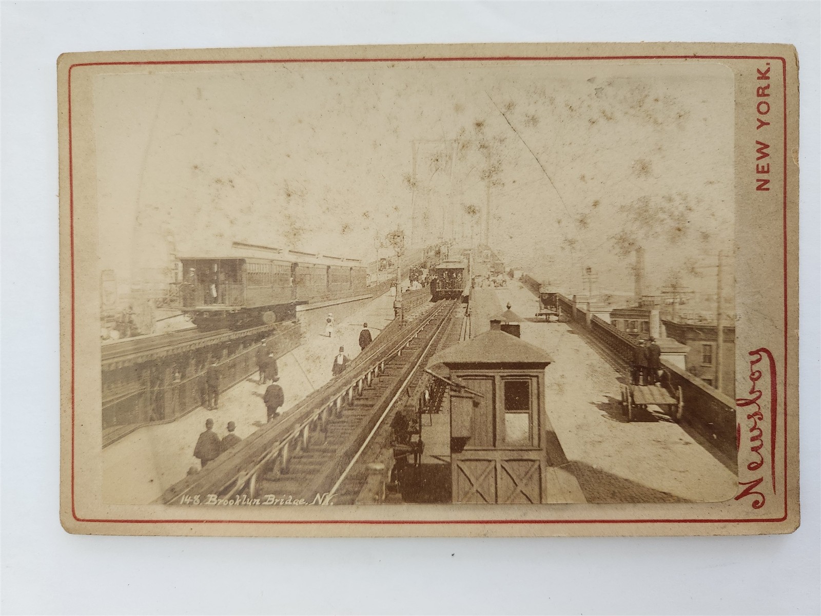 1880s antique BROOKLYN BRIDGE nyc TRAIN TRACKS rr ALBUMEN CABINET CARD newsboy