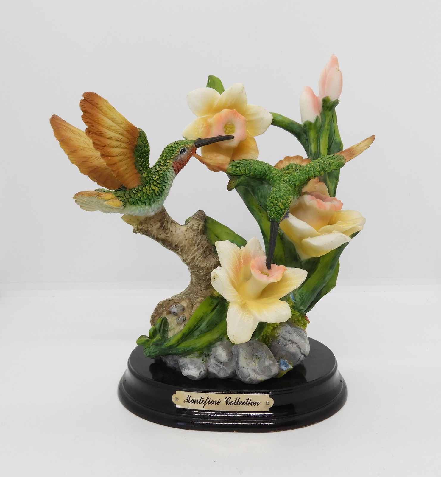 MONTEFIORI Collection Italian Hummingbird Bird on Daffodil Flower with Wood Base
