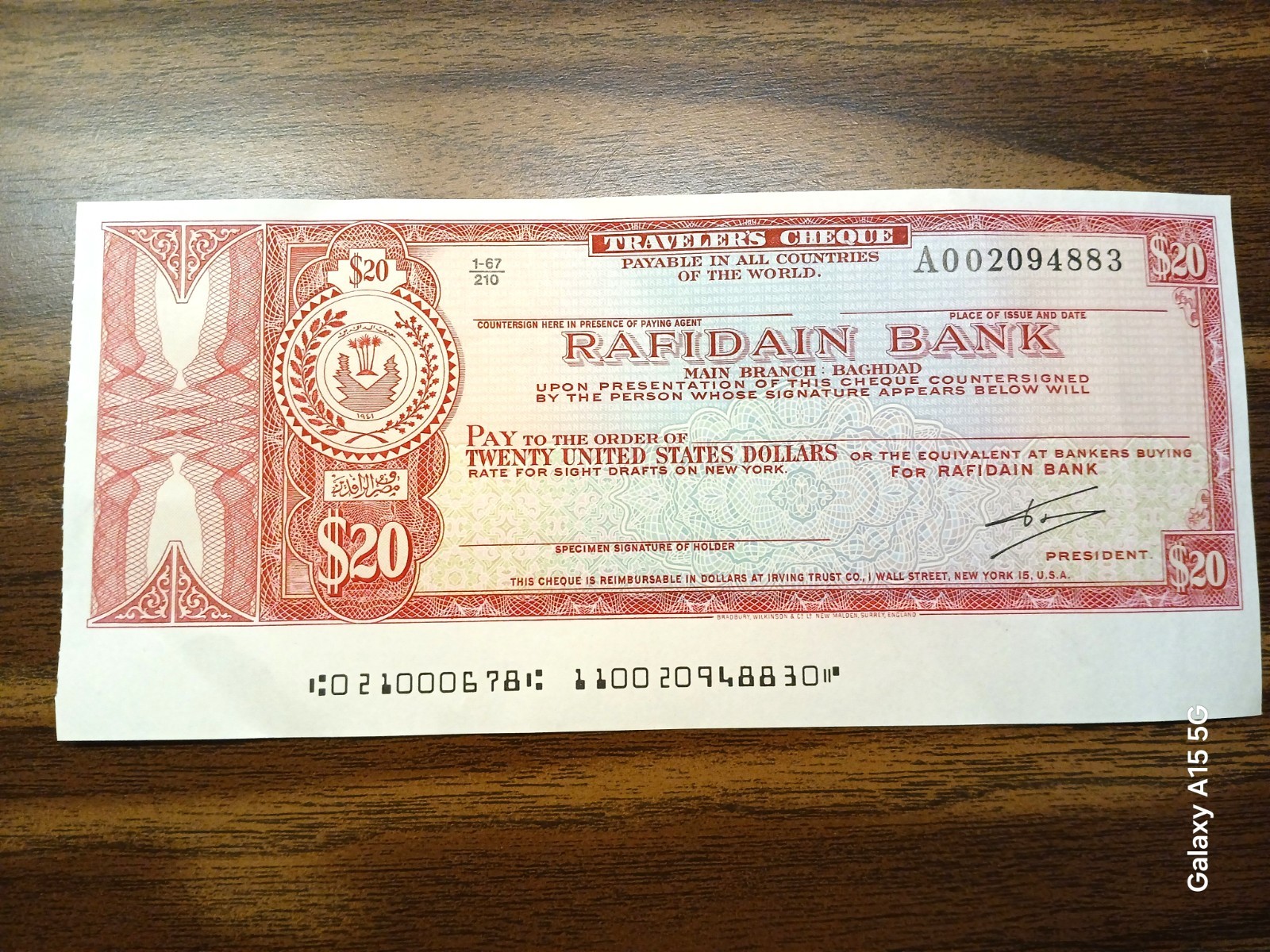 Iraq Rafidain Bank $20 Travelers Cheque – USD – Arabic/English – Vintage Banking Iraq Rafidain Bank $20 Travelers Cheque – USD – Arabic/English – Vintage Banking