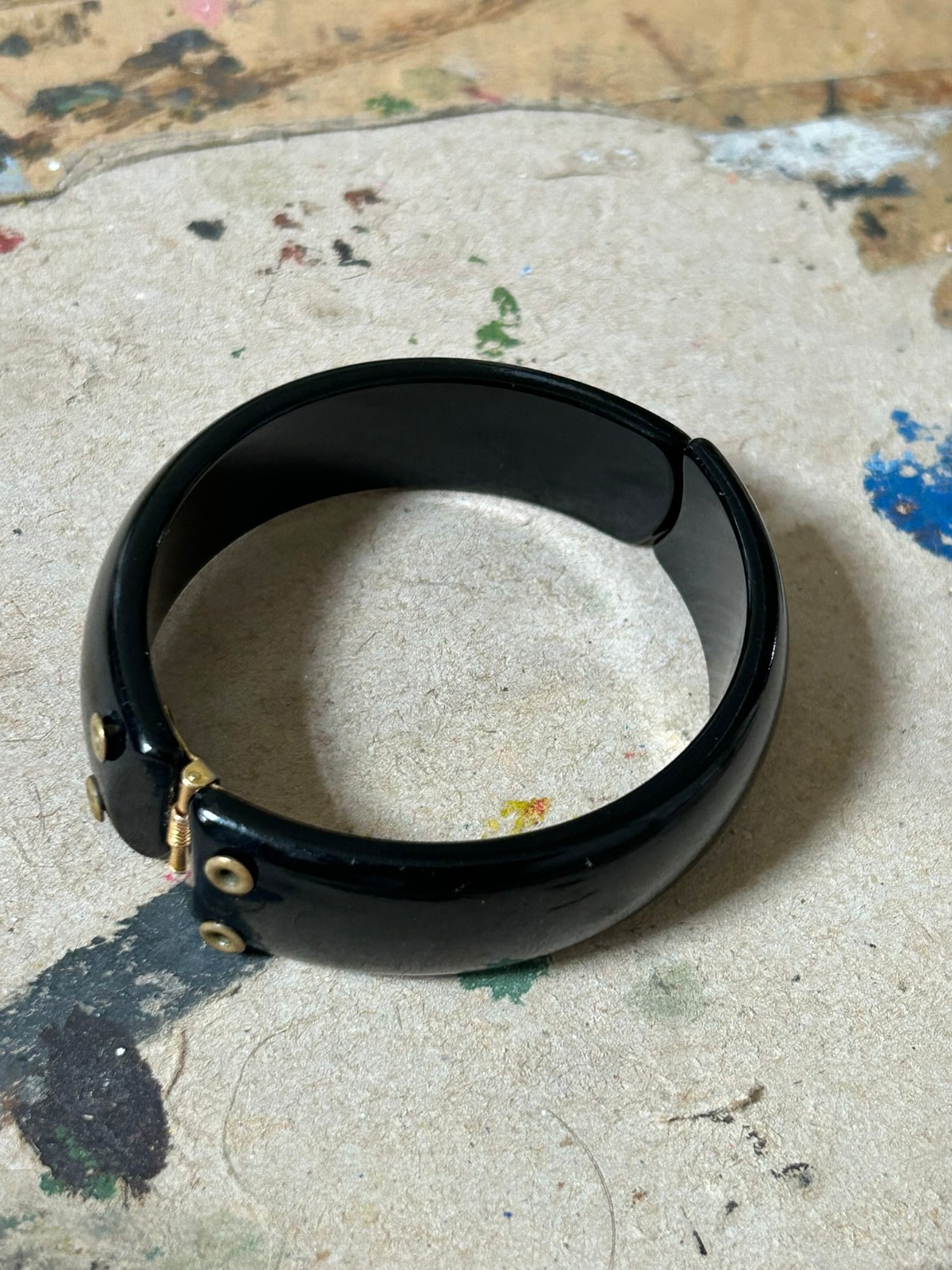 1940s Black Bakelite Clamper Bracelet Hinged Cuff Brass Hardware Vintage