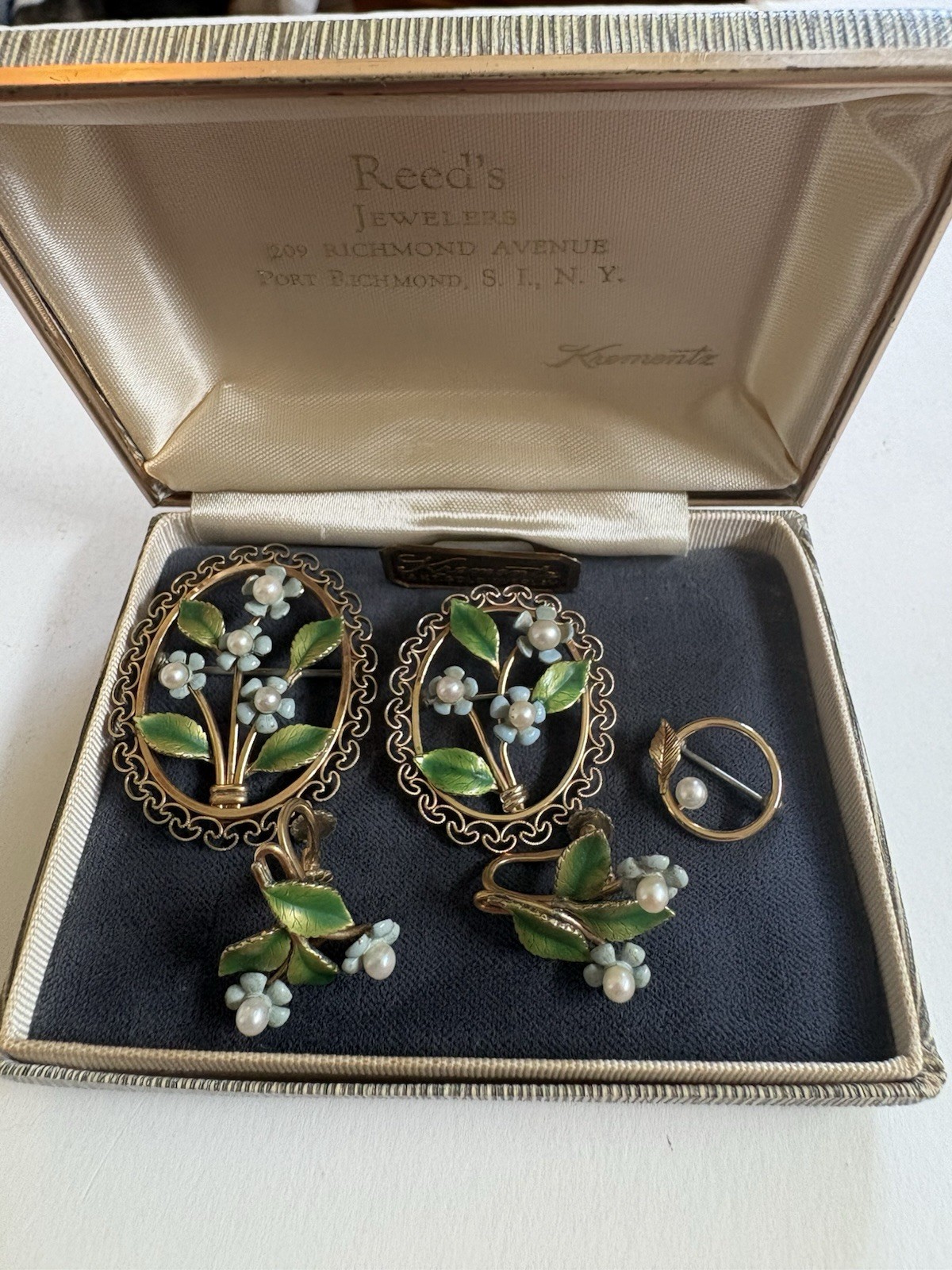 Vtg Krementz 14K Gold Overlay Forget Me Not Enamel Pearl 5pc Brooch Earring Set
