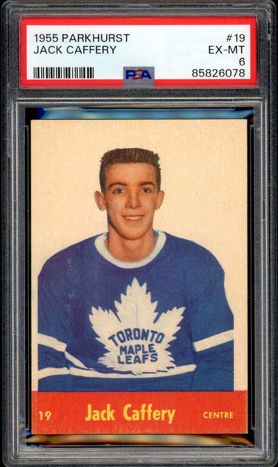 1955-56 PARKHURST NHL #19 Jack Caffery RC PSA 6 EX-MT Toronto Maple Leafs Rookie