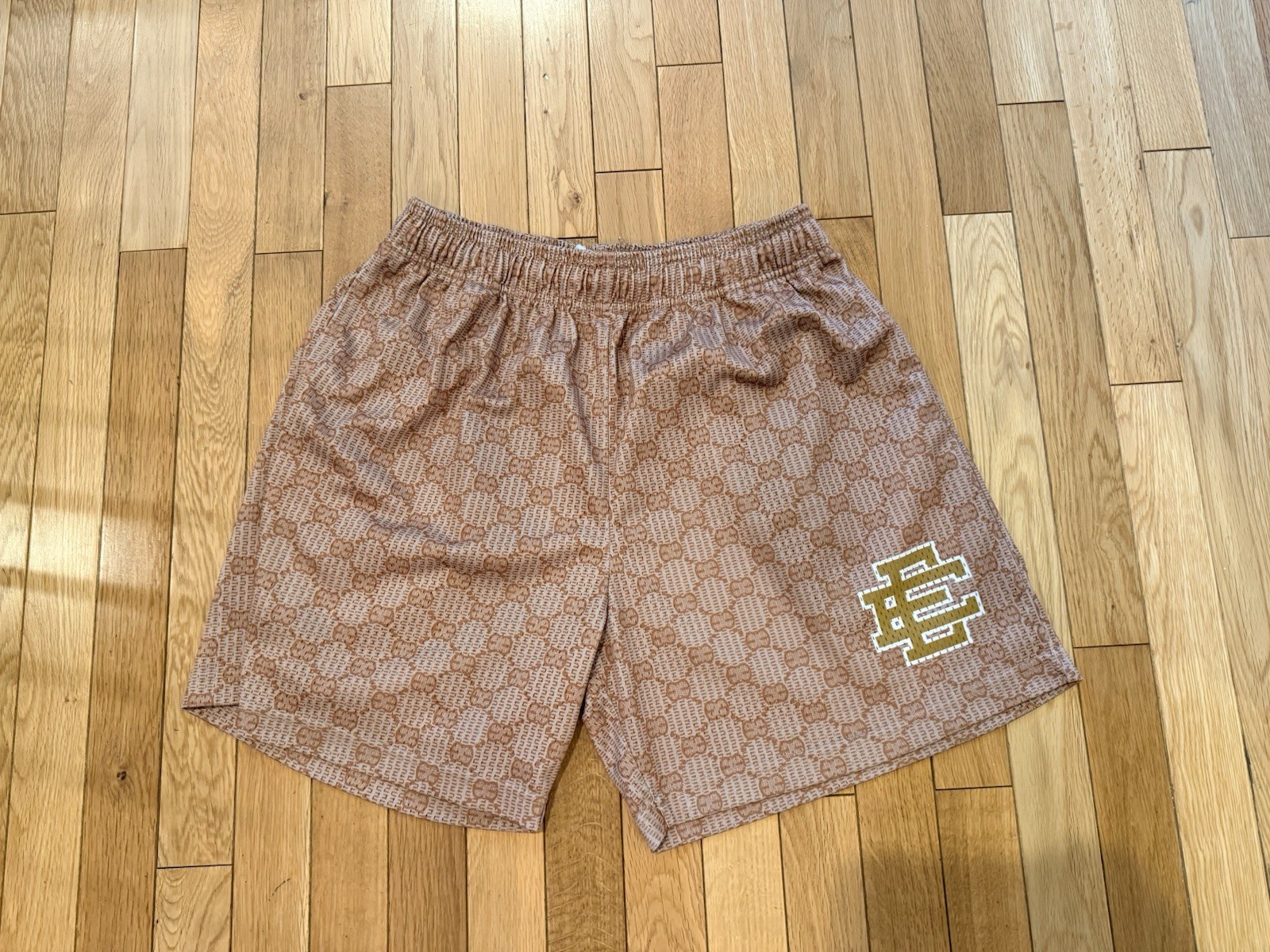 Eric Emanuel Men’s EE Logo Gucci Style Mesh Brown Athletic Shorts Size Large