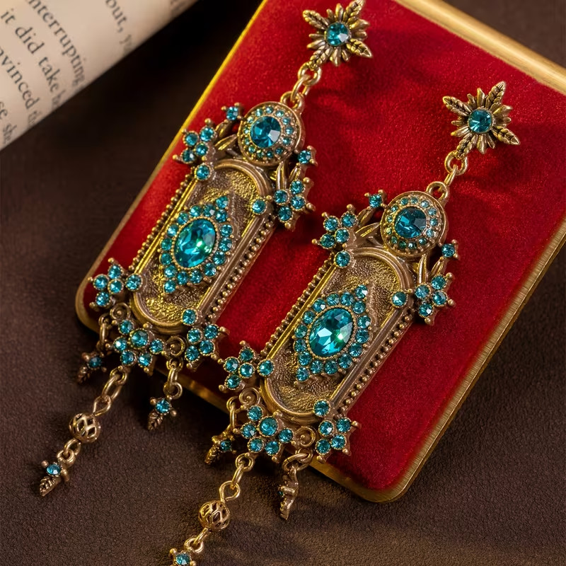 Vintage Victorian Style Teal Crystal Dangle Earrings Gold Tone Ornate Statement