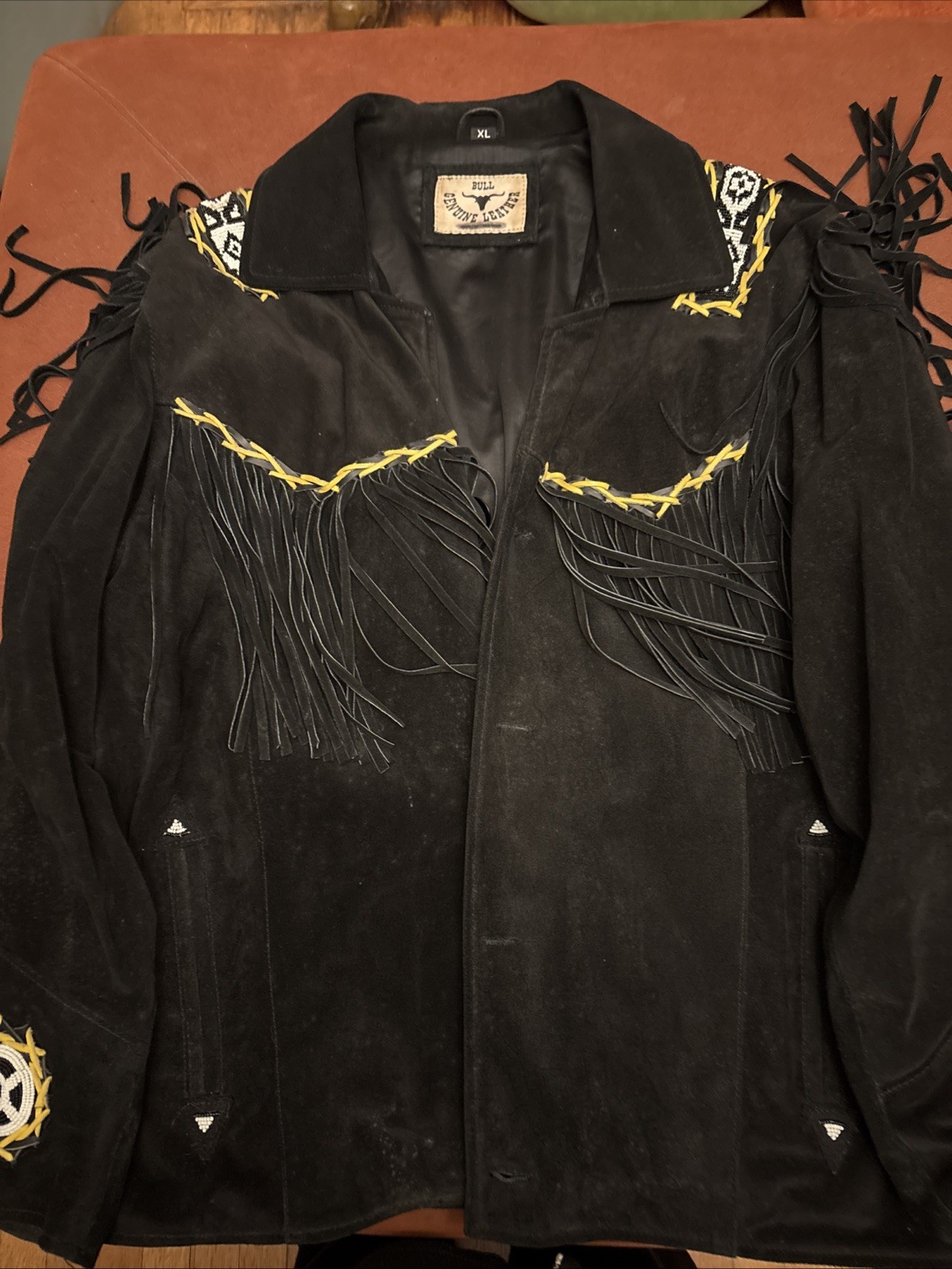 Bull Genuine Leather Western Fringe 70’s Native Style Beading Coat Black Bull Genuine Leather Western Fringe 70’s Native Style Beading Coat Black