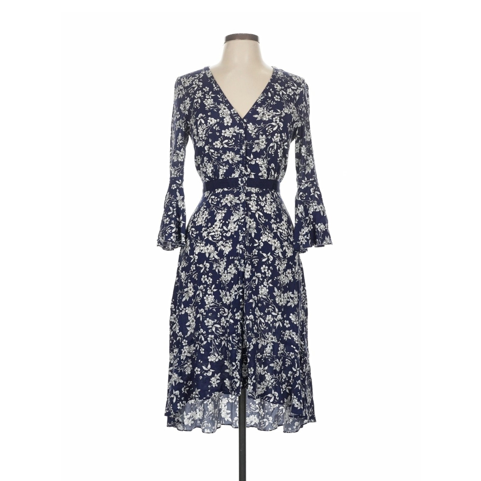 NWT LIKELY Navy White Floral Midi Dress Size 6 Bell Sleeve High Low Ruffle