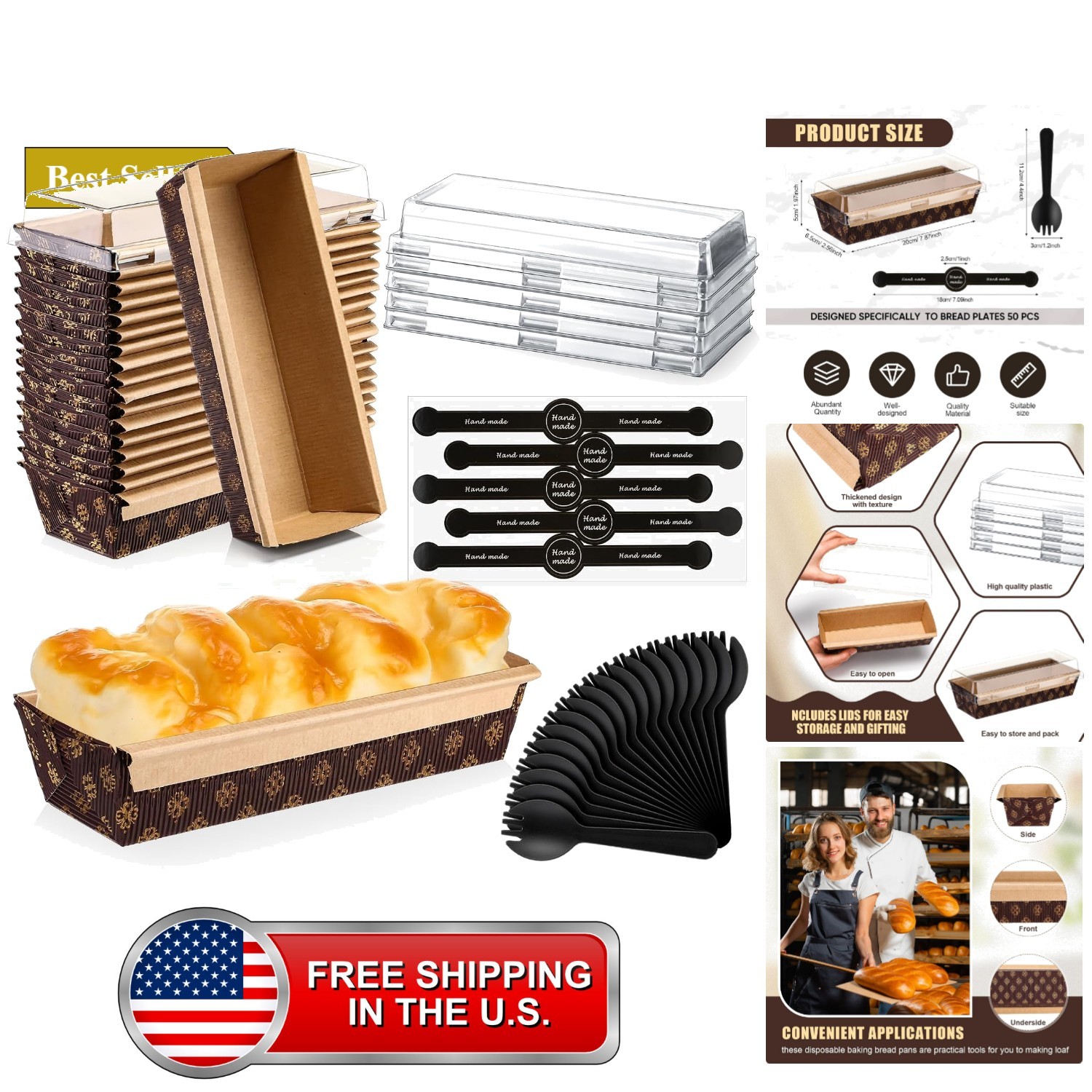 20 Pcs Paper Loaf Pans 8x2.5 Inch 1lb with Lids Spoons