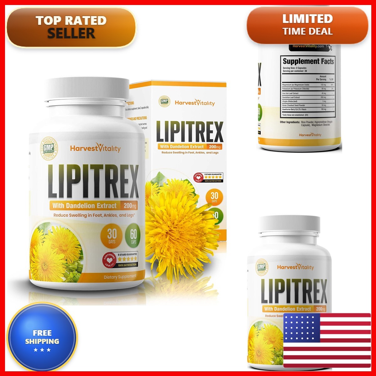 Harvest Vitality Diuretic Water Pills Maximum Strength Dandelion - Bloating