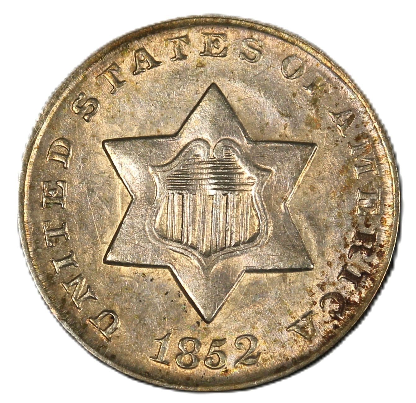1852 3CS Three Cent Silver- Choice AU Nice OBV/REV Toning- SMH-2716 1852 3CS Three Cent Silver- Choice AU Nice OBV/REV Toning- SMH-2716