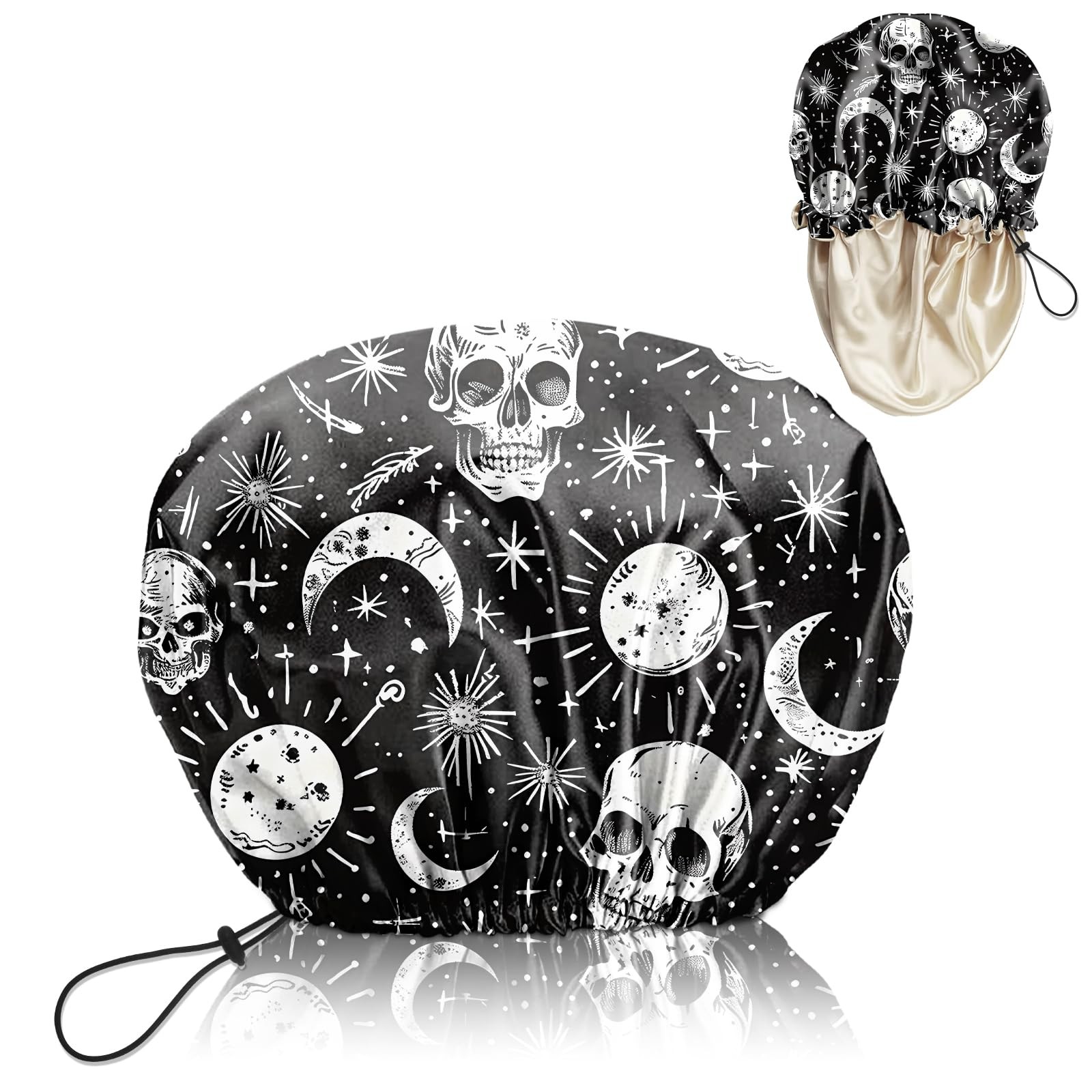 BHAHB Luxury Shower Cap Satin Lined Reusable Waterproof 7 Inch, F5-Skull