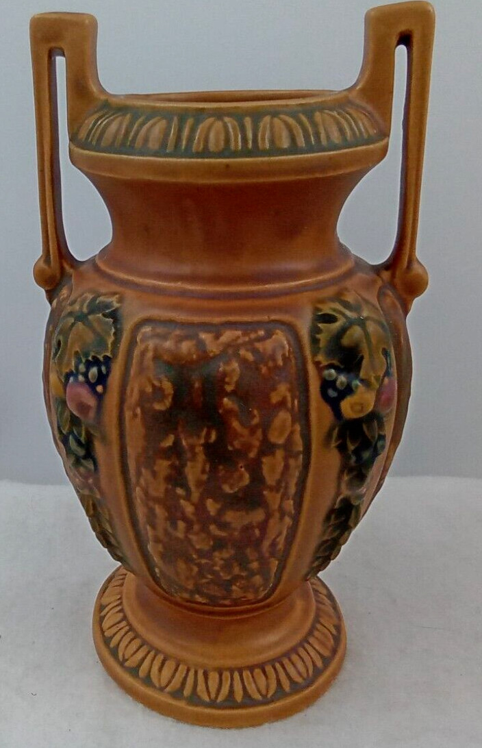 Roseville Pottery Florentine Vase Urn Handles #255-8 Brown Floral Vintage USA 8\