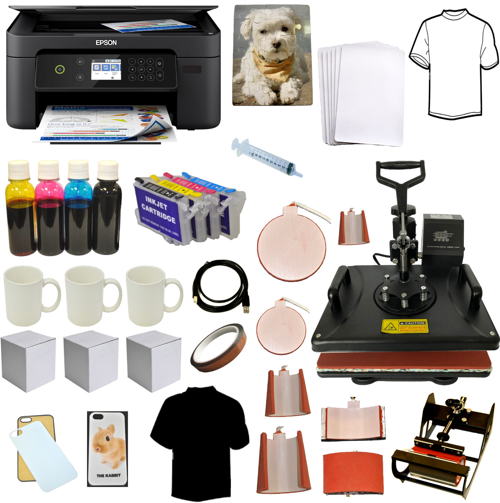 8in1 Combo Heat Press Wireles Epson Printer Sublimation Ink Tshirts Mug Bundle