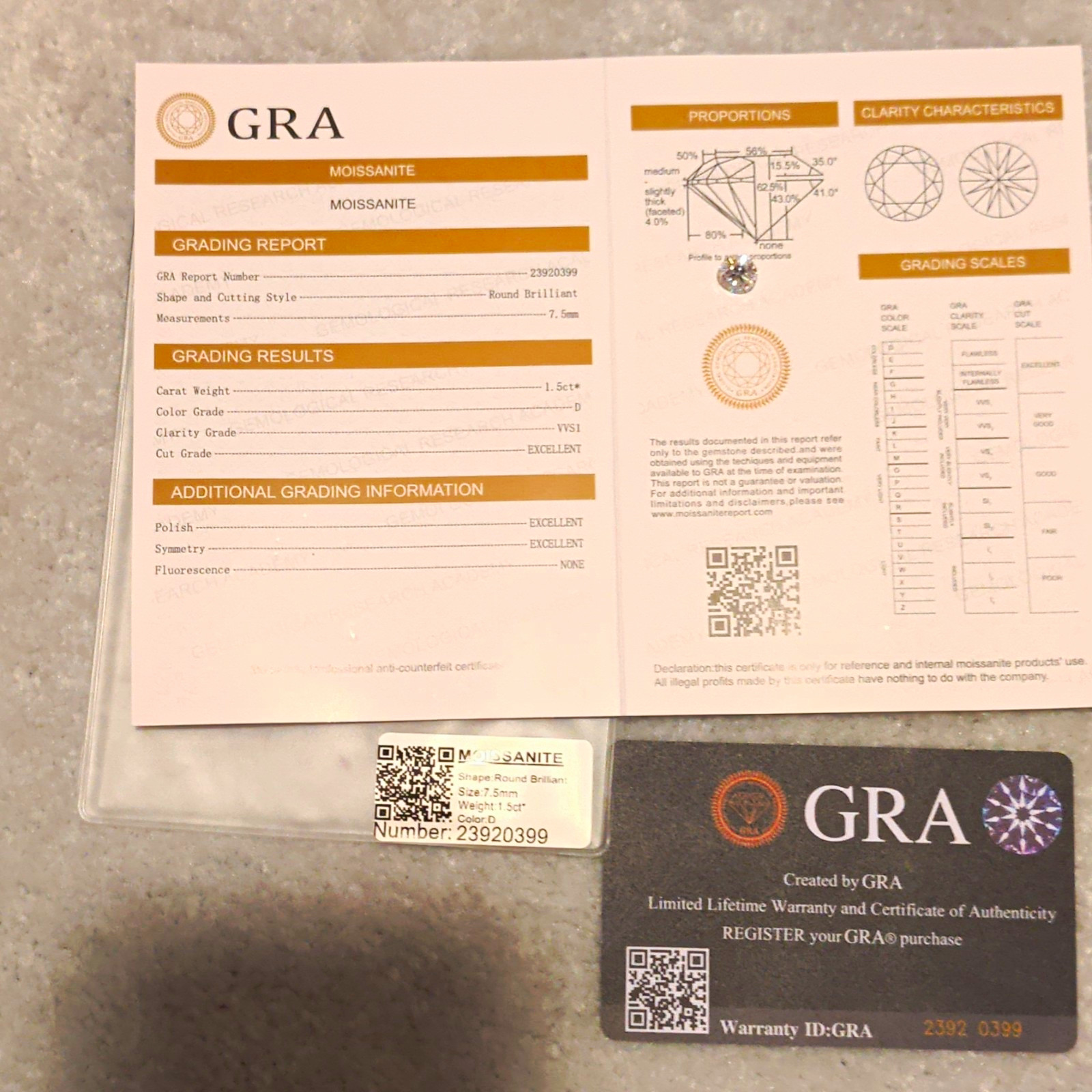 GRA Certified Lab-Created D VVS1 Round Moissanite 7.5mm Excellent Cut qty 10