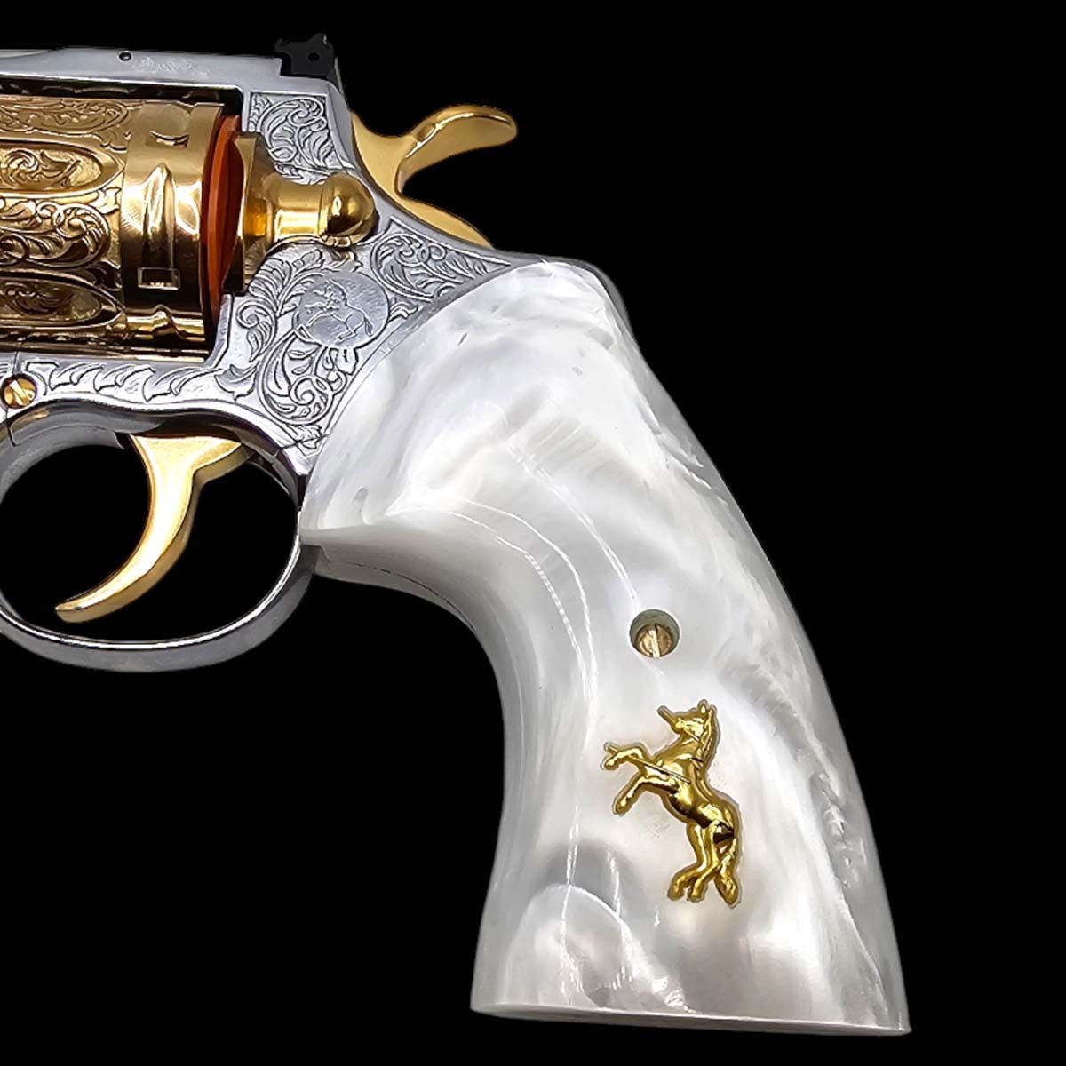 Elite White Pearl Revolver Grips Fits Colt Python Anaconda - 24k Gold logo