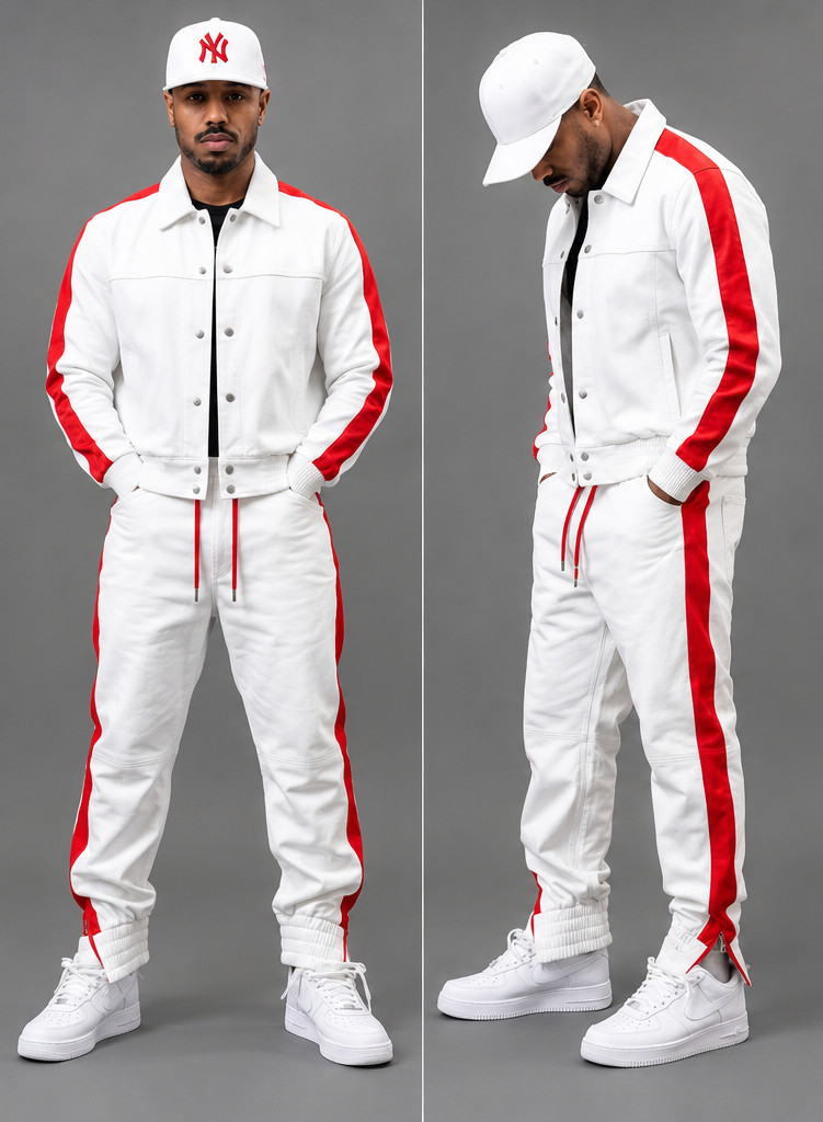 Men's Leather Tracksuit Set Jacket & Pants White Stripe 2 Piece Sporty Biker Men's Leather Tracksuit Set Jacket & Pants White Stripe 2 Piece Sporty Biker